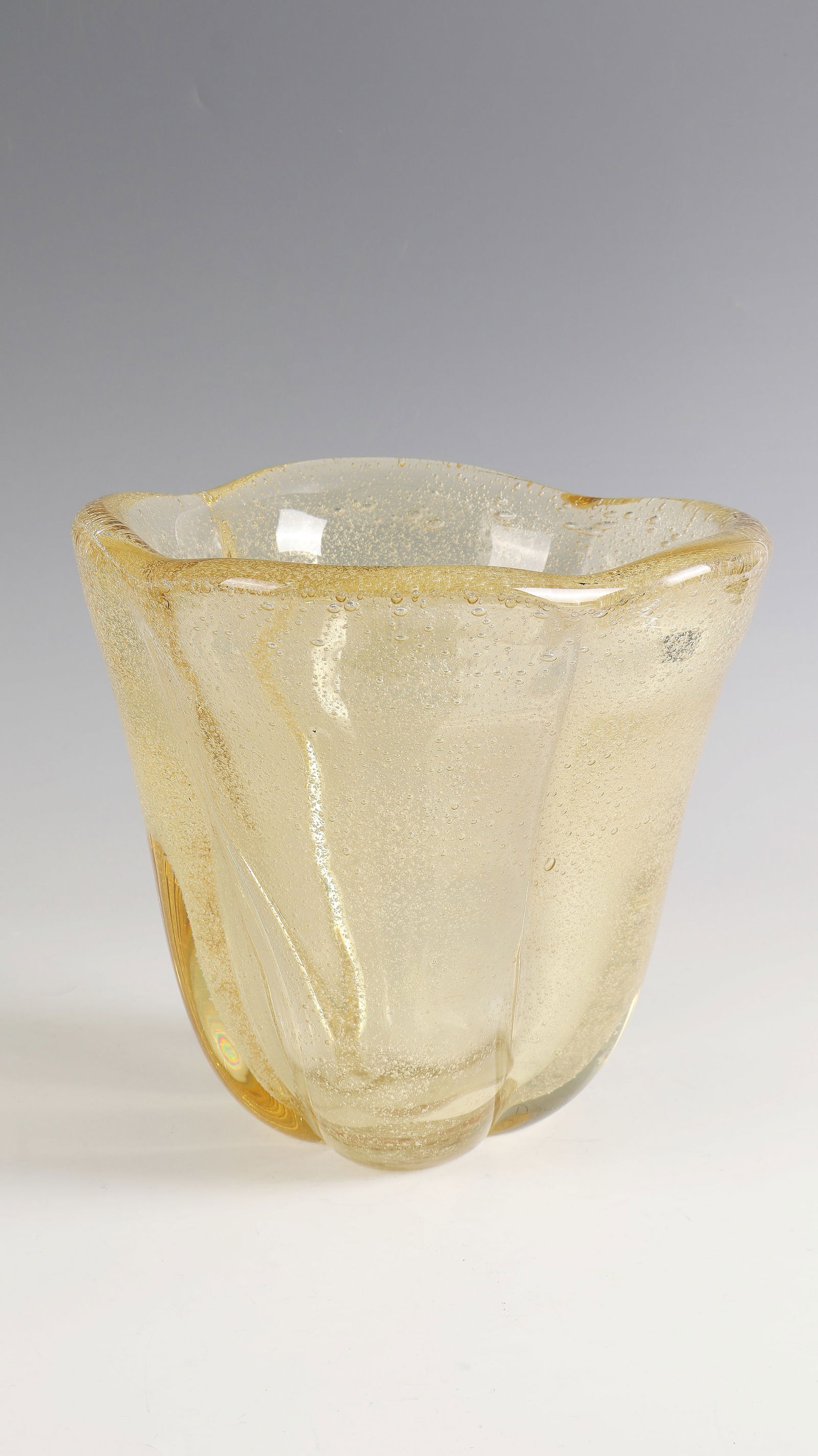Vase: Vase Daum Frères, Nancy, 1930 - 1936 Colourless, thick-walled, strongly blistered, light yellowish glass. Above the stand in engraving inscription: DAUM NANCY with Lorraine Cross (engraved). H. 24 cm