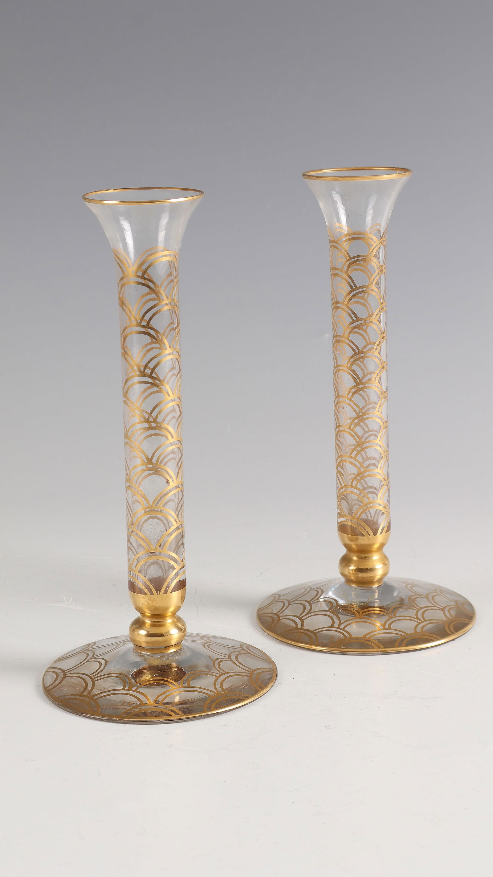 Pair of Flute Vases: Pair of Flute Vases Delvaux, Paris, 1925 - 1930 Colorless glass with ornamental gold painting. Underside inscribed: Delvaux rue Royal Paris (painted in gold). A vase with original adhesive label