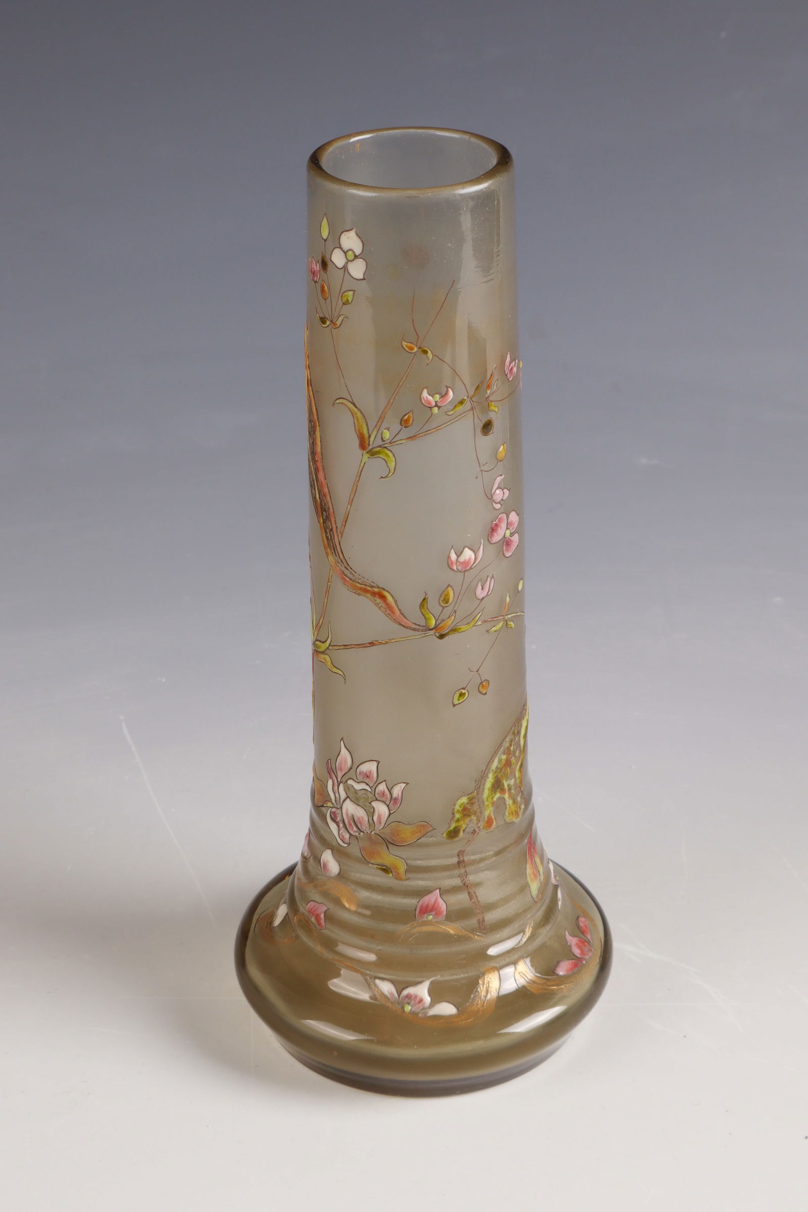Vase ''Fleurs Champêtres'': Vase ''Fleurs Champêtres'' Emile Gallé, Nancy, circa 1884 Smoky grey glass with colourful opaque enamel decoration. Underside inscribed: Cristallerie de Gallé à Nancy Modèle et dédor déposés