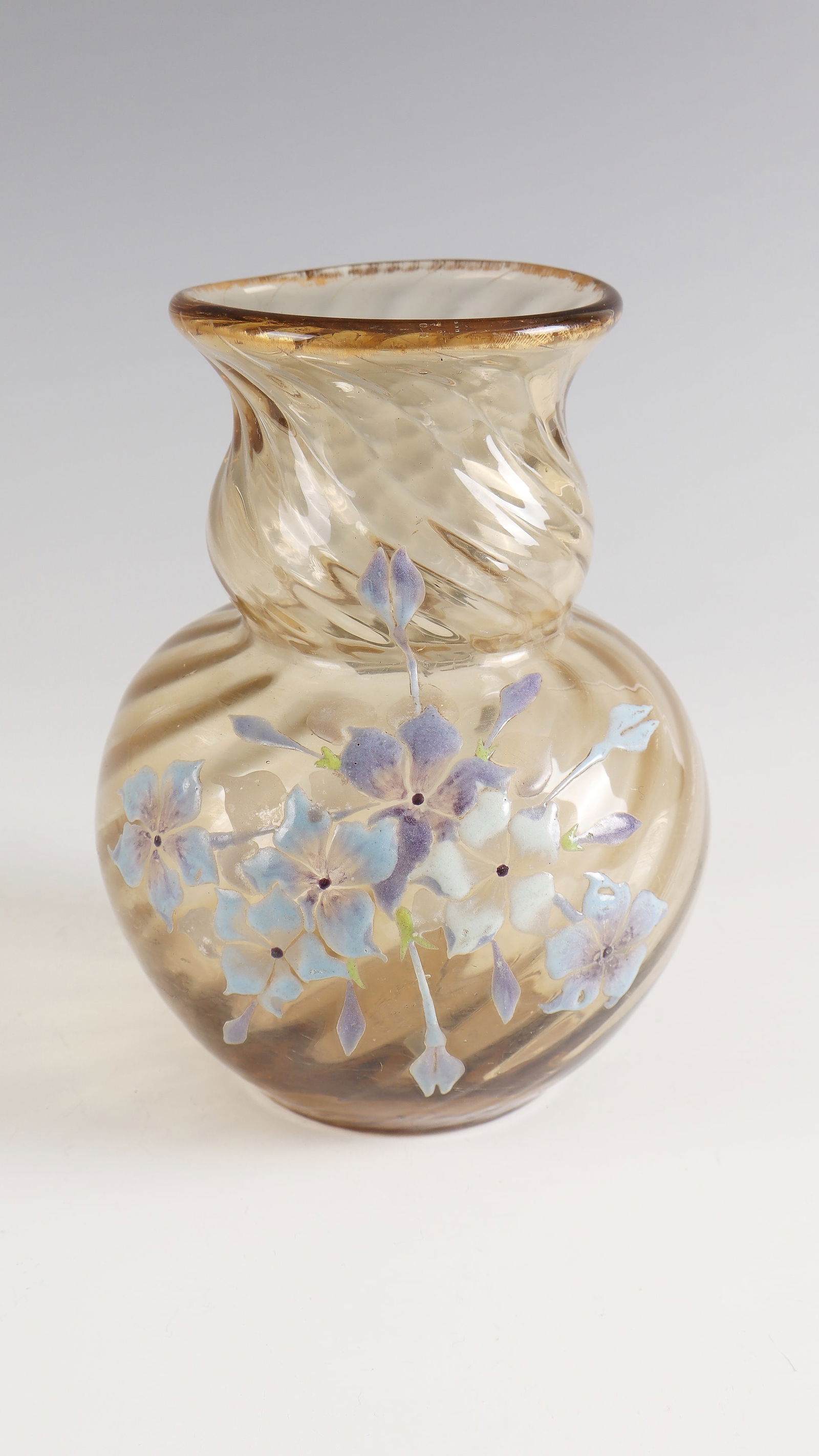Vase ''Phlox setacea'': Vase ''Phlox setacea'' Emile Gallé, Nancy, 1878 - 1884 Smoky grey, oblique ribbed glass with colourful opaque enamel decoration. Contour drawing in gold. Underside inscribed: E. Gallé Nancy