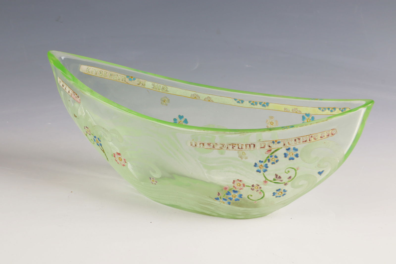 Rare Jardinière - Verrerie parlante ''Que ce myosotis porte ... un parfum de tendresse'': Rare Jardinière - Verrerie parlante ''Que ce myosotis porte ... un parfum de tendresse'' Emile Gallé, Nancy, 1878 - 1884 Light green uranium glass with polished gold and multicolored opaque enamel