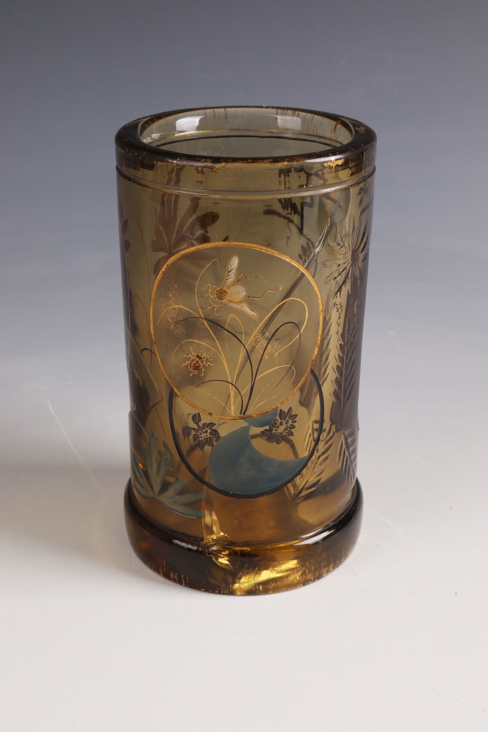 Rare Cylinder Vase with Japonizing Decoration: Rare Cylinder Vase with Japonizing Decoration Emile Gallé, Nancy, circa 1878 Smoky brown glass, cut, enameled and gold trimmed. Underside inscribed: E. Gallé à Nancy (painted in brown enamel). Jump