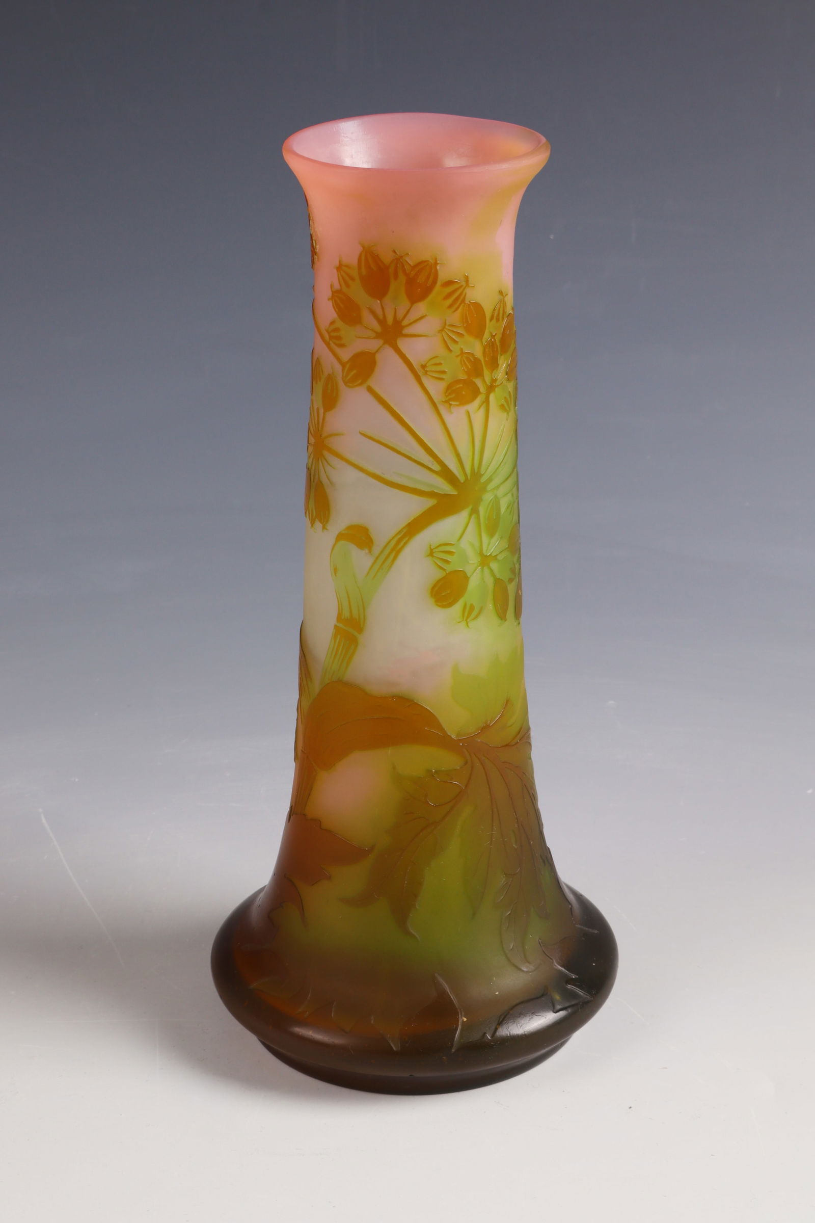 Vase with flower umbel: Vase with flower umbel Emile Gallé, Nancy, 1900 -1904 Colourless glass, gradient salmon pink underlay, light green and brown overlay. Relief etched décor. Interior drawing in needle etching. Referen