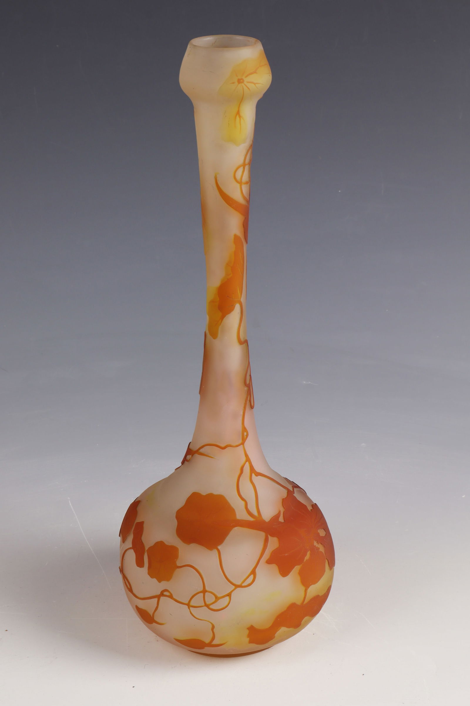 Long-neck vase with nasturtiums ''Capucines'': Long-necked vase with nasturtium ''Capucines'' Emile Gallé, Nancy, c. 1900 Colourless glass, lemon-yellow underlay, orange-brown overlay. Relief etched décor. On the lower wall inscribed: Gallé (et