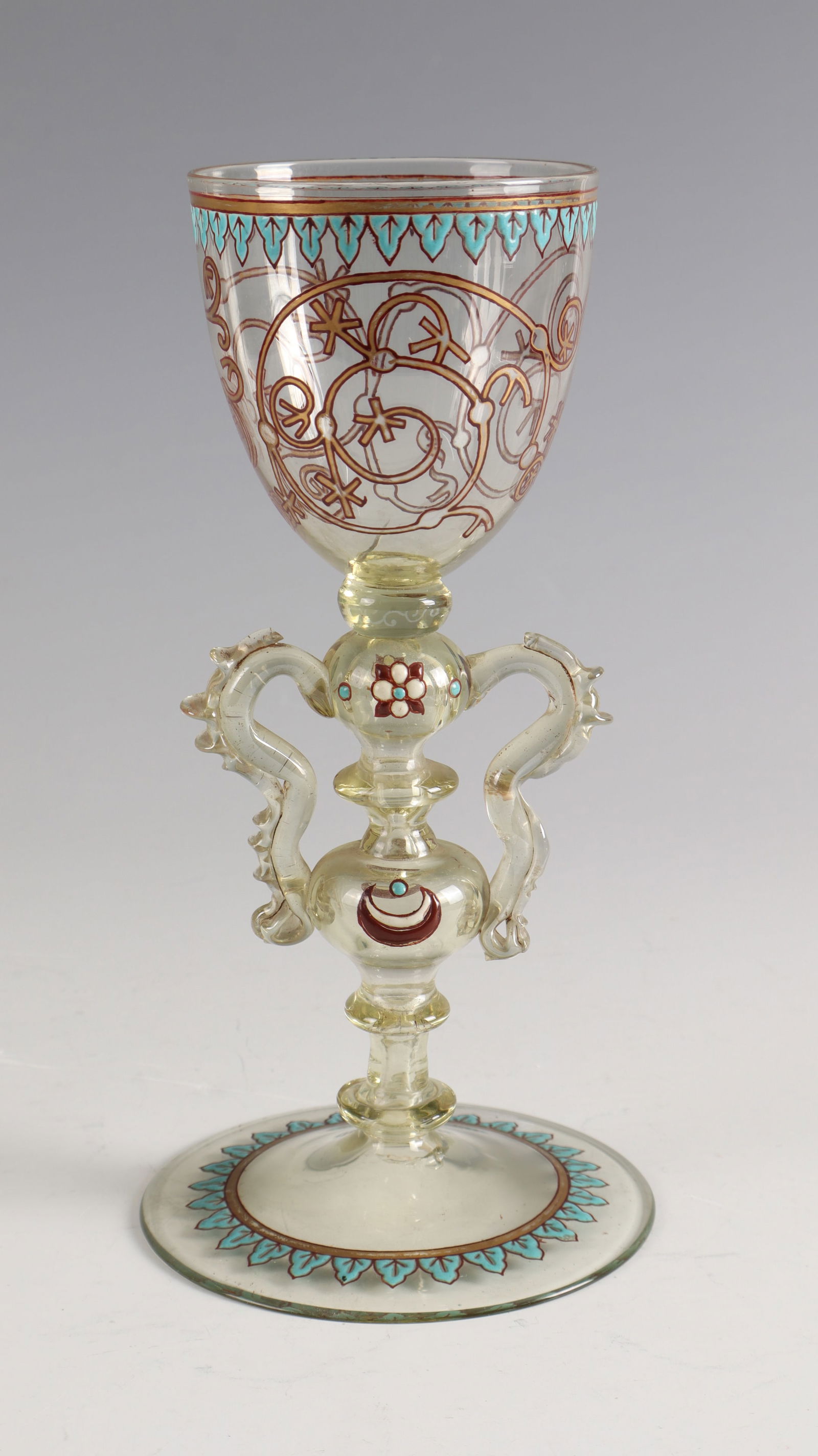 Wing Cup (Facon de Venise): Winged goblet (Facon de Venise) Jacques-Philippe Imberton, c. 1878 - Execution: Frères Appert Colourless glass with partly pinched appliqués, gold and coloured opaque enamel. Underside inscribed: