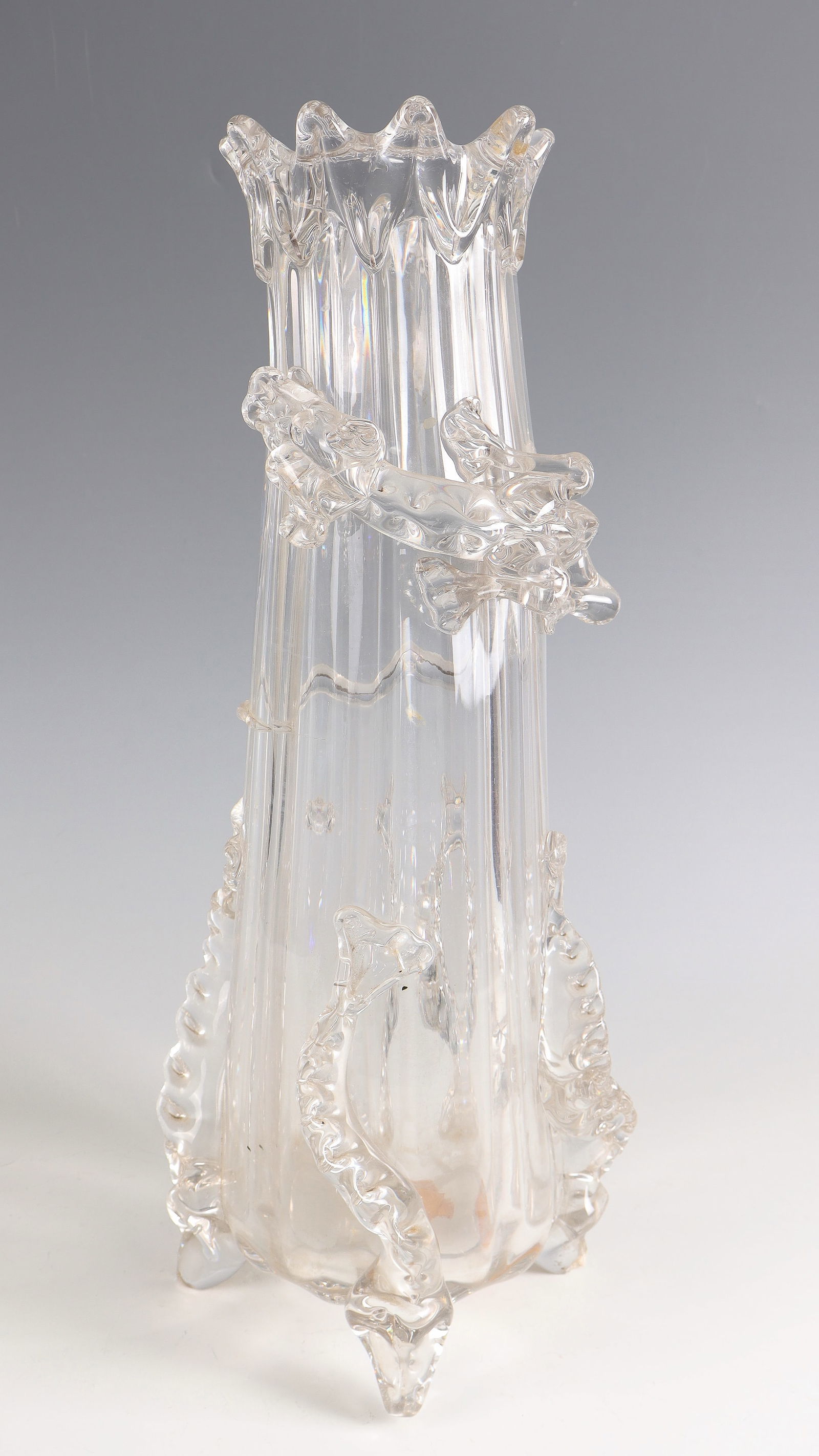 Vase ''Salamandre'': Vase ''Salamandre'' Auguste Jean, c. 1874 Colourless glass with sculptural salamander. Four melted, partially pinched dolphin feet. 2 feet chipped. H. 42.5 cm Lit.: G. Cappa, Le Genié Verrier de