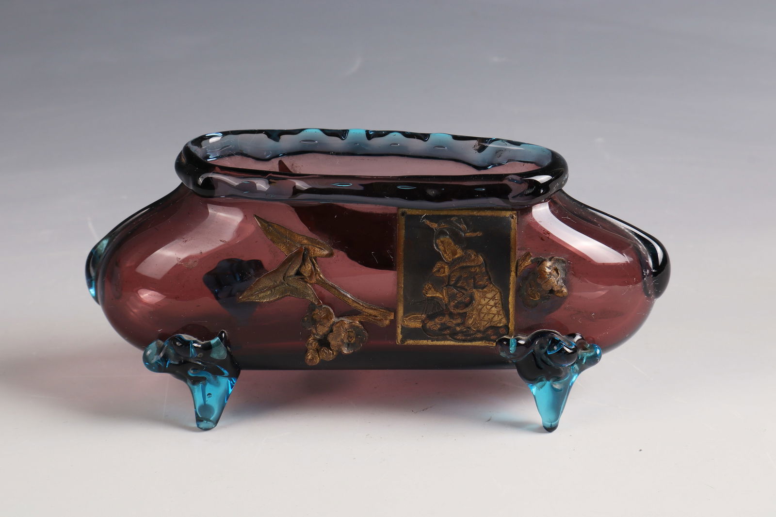 Jardinière with Chinoiserie: Jardinière with Chinoiserie Auguste Jean, 1874 - 1878 Brown-violet glass with japonizing decoration, appliqués in aquamarine blue glass. Gilded, strongly reliefed copper appliqués with