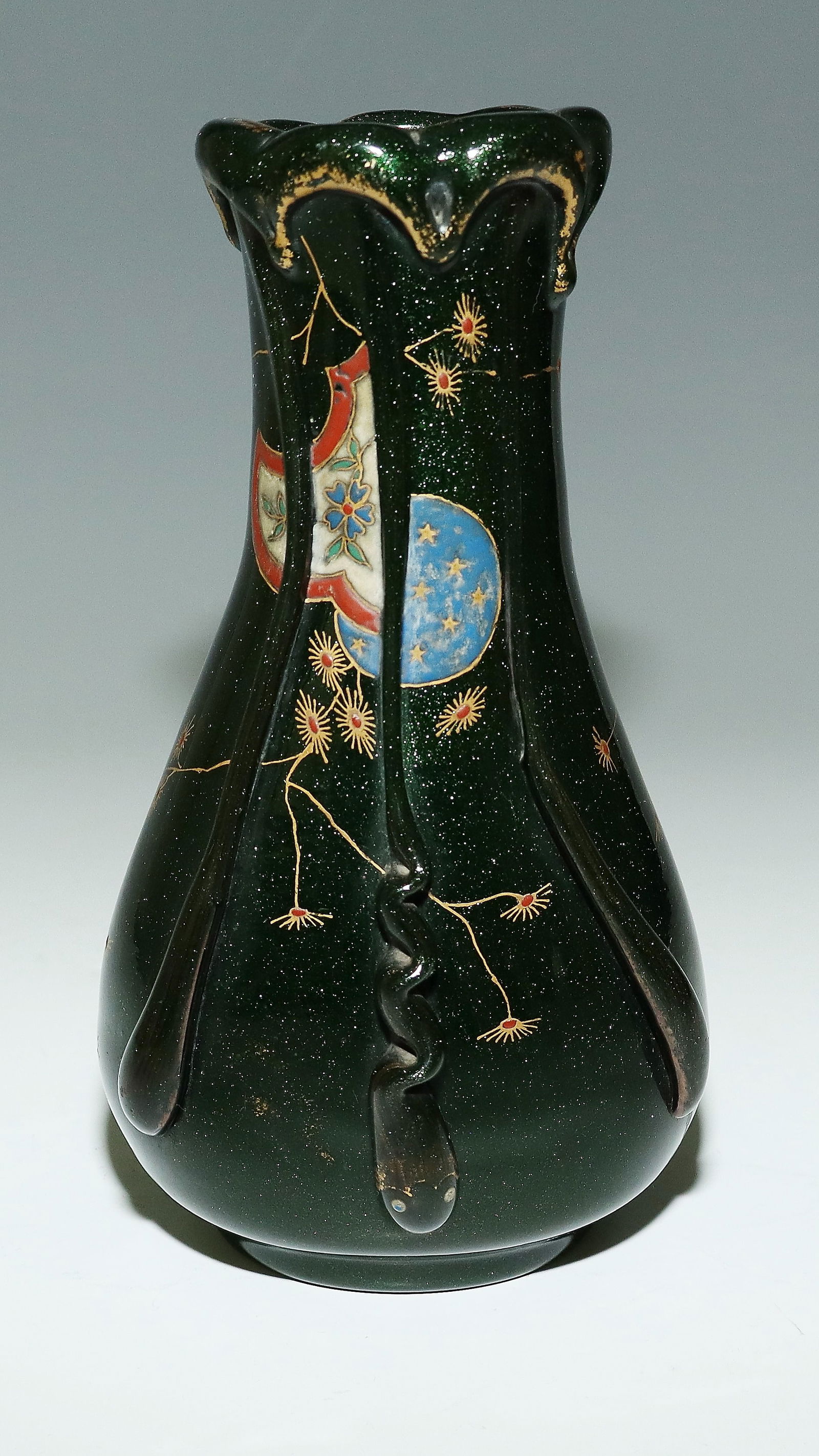 Vase with Japonizing Decoration: Vase with Japonizing Decoration Auguste Jean, 1878 - 1885 Colourless glass with chromaventurine, colourfully enamelled and gold trimmed. Snake-shaped appliqués. Underside labeled: Jean (in diamond