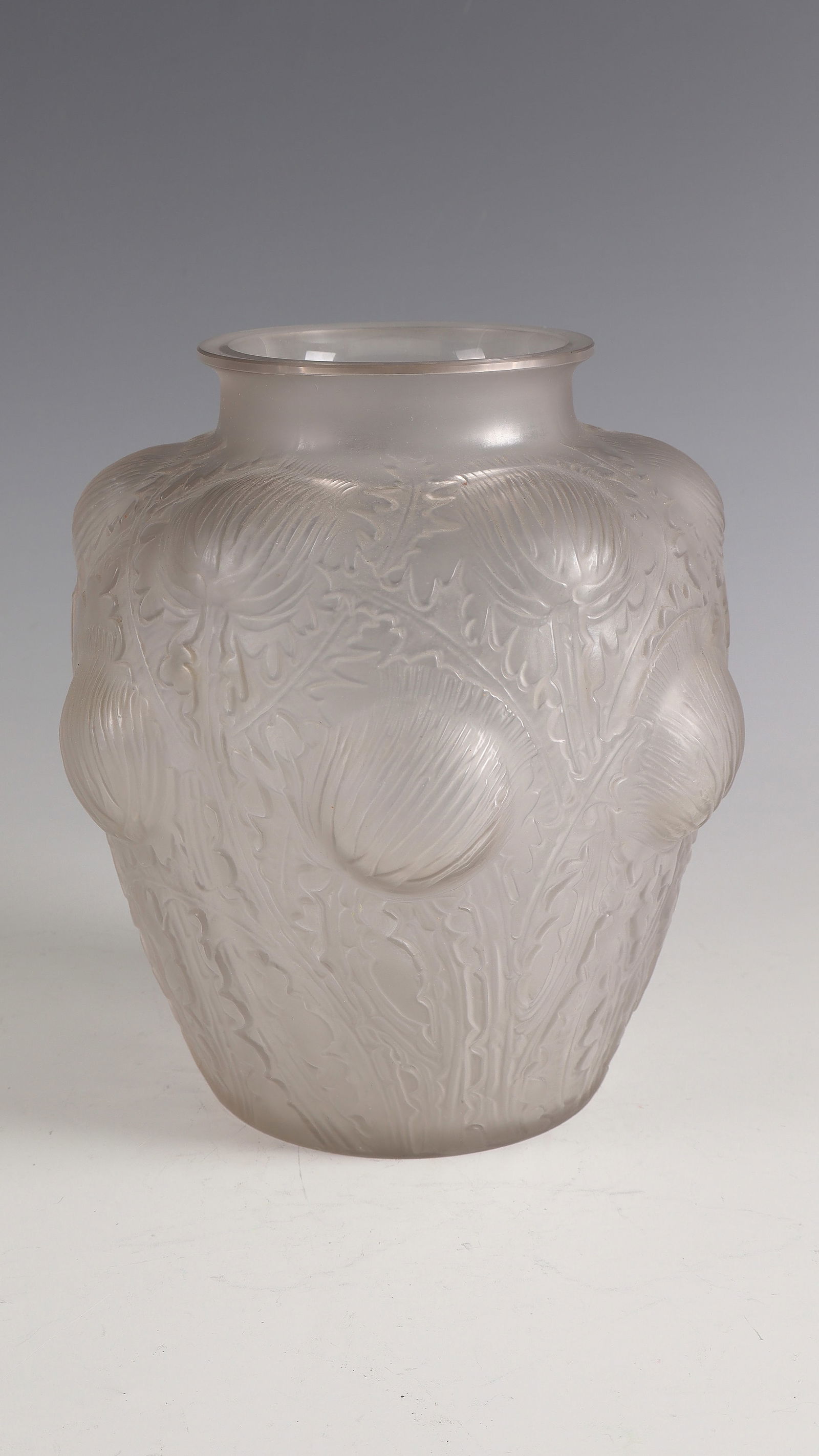 Vase ''Domrémy'' ('Chardons''): Vase ''Domrémy'' ('Chardons'') René Lalique, Wingen - sur - Moder, 1926 Colourless glass, moulded, refinished by polish. Underside inscribed: R. Lalique (engraved). H. 21 cm Lit.: Marcilhac,