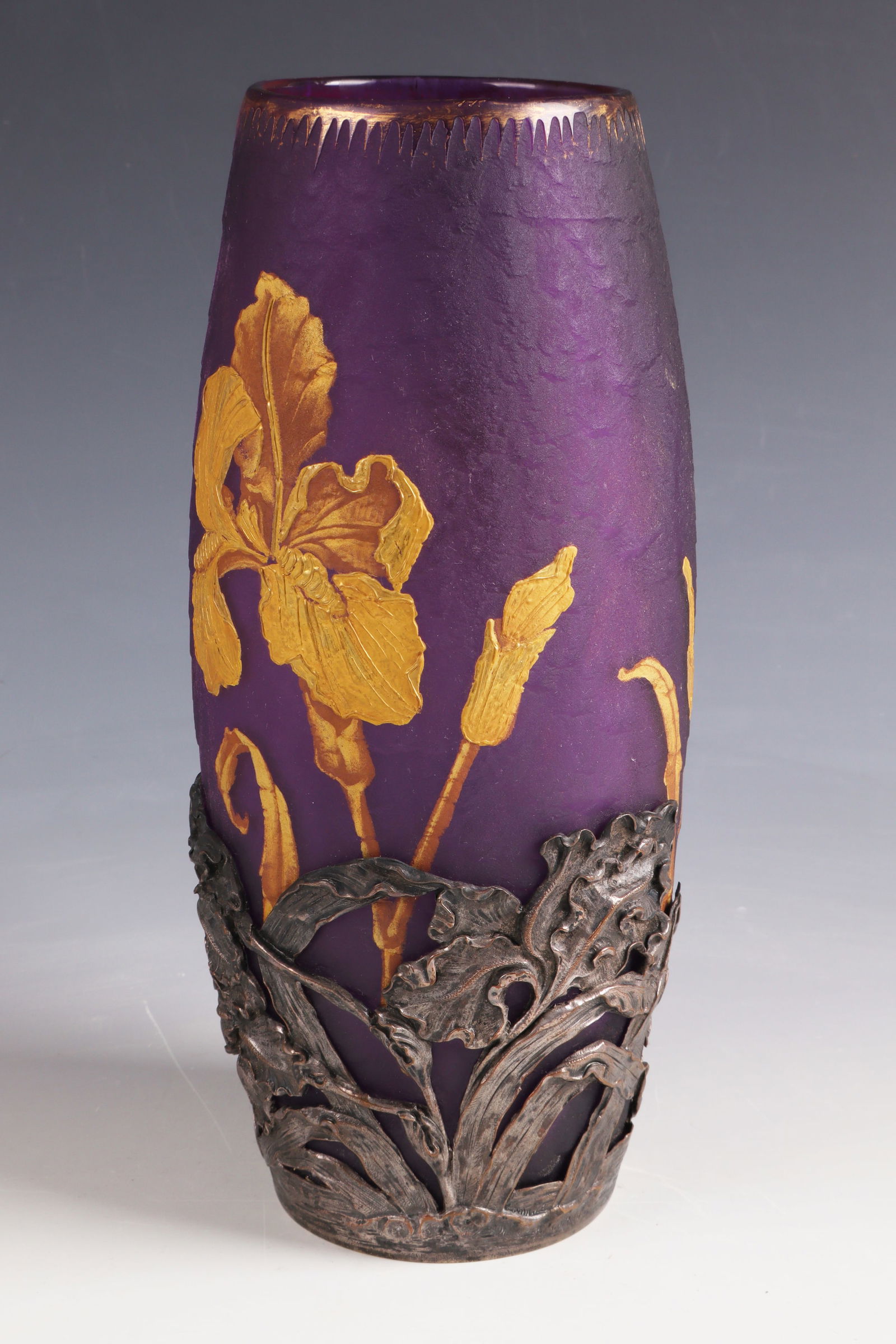 Metal-mounted vase ''Iris'': Metal-mounted vase ''Iris'' Legras, Verreries de Saint-Denis, c. 1900 - 1910 - Mount: Saglier Frères et Cie, Paris Violet underlaid glass. On an ice-glass-like etched ground, decoration in polished