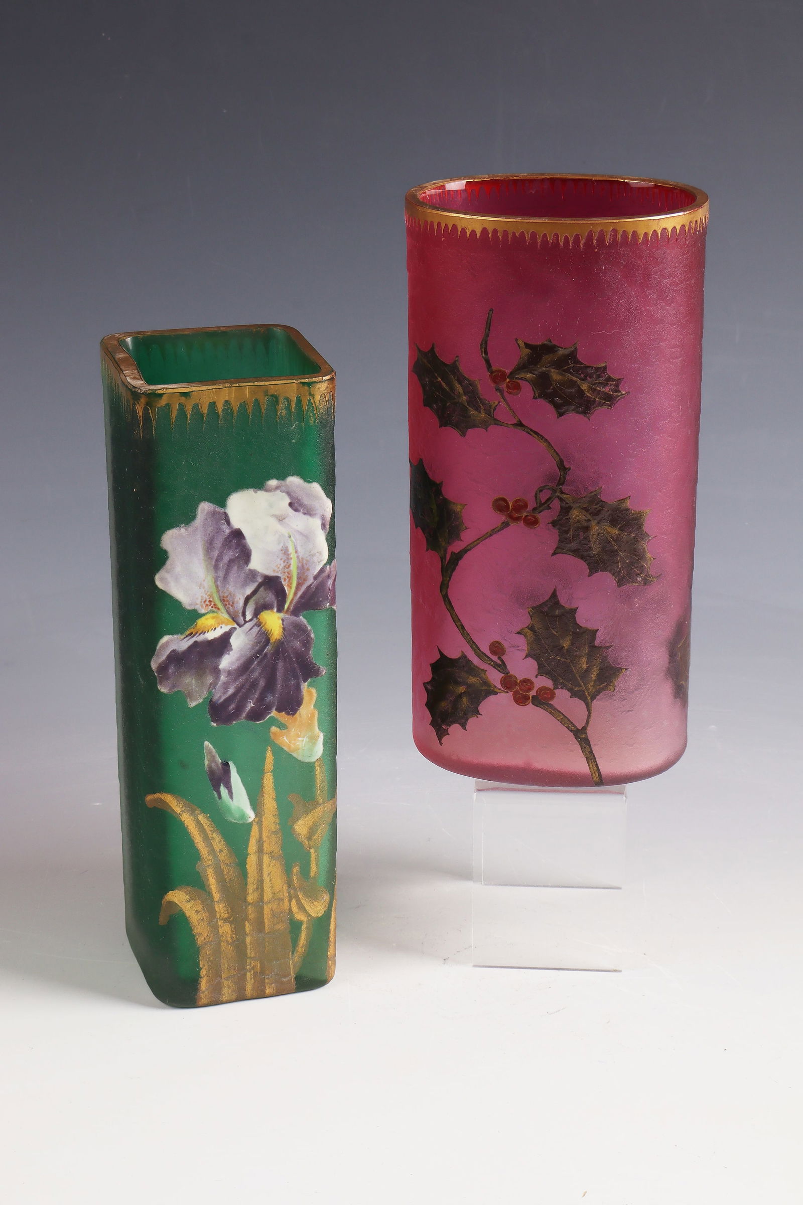 2 Vases with Iris and Holly ''Iris'' - ''Houx'': 2 vases with iris and holly ''Iris'' - ''Houx'' Legras, Verreries de Saint - Denis, 1890 - 1900 Colourless, green or ruby pink underlaid glass. Etched décor, painted with gold or coloured opaque