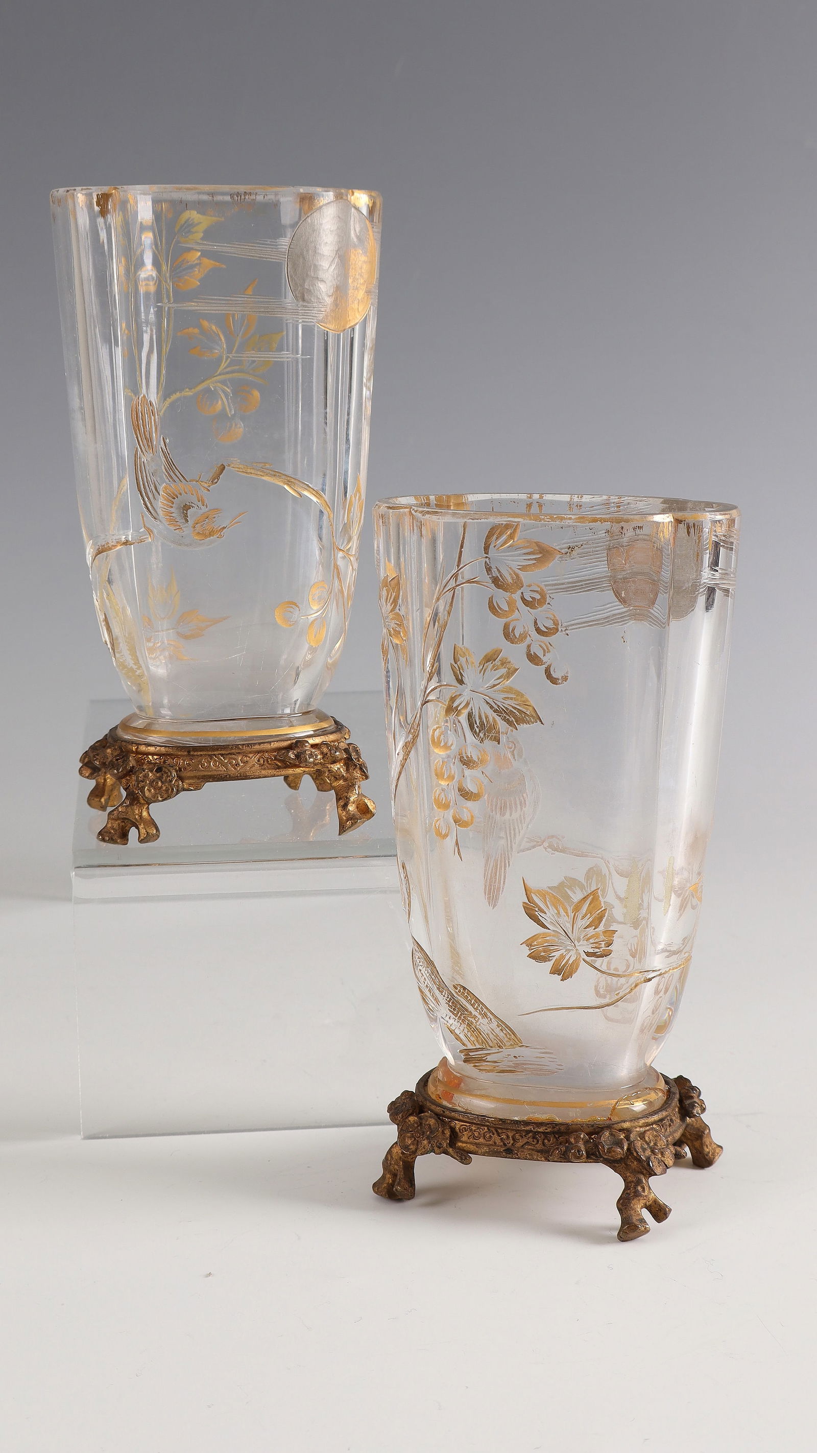 Pair of Vases with Bird on Branch Branch after East Asian Patterns: Pair of vases with bird on branch after East Asian models Panniers Frères, A l'Escalier de Cristal, Paris, c. 1878 - 1880 Colourless glass with engraving, gold and silver painting. Gilded bronze