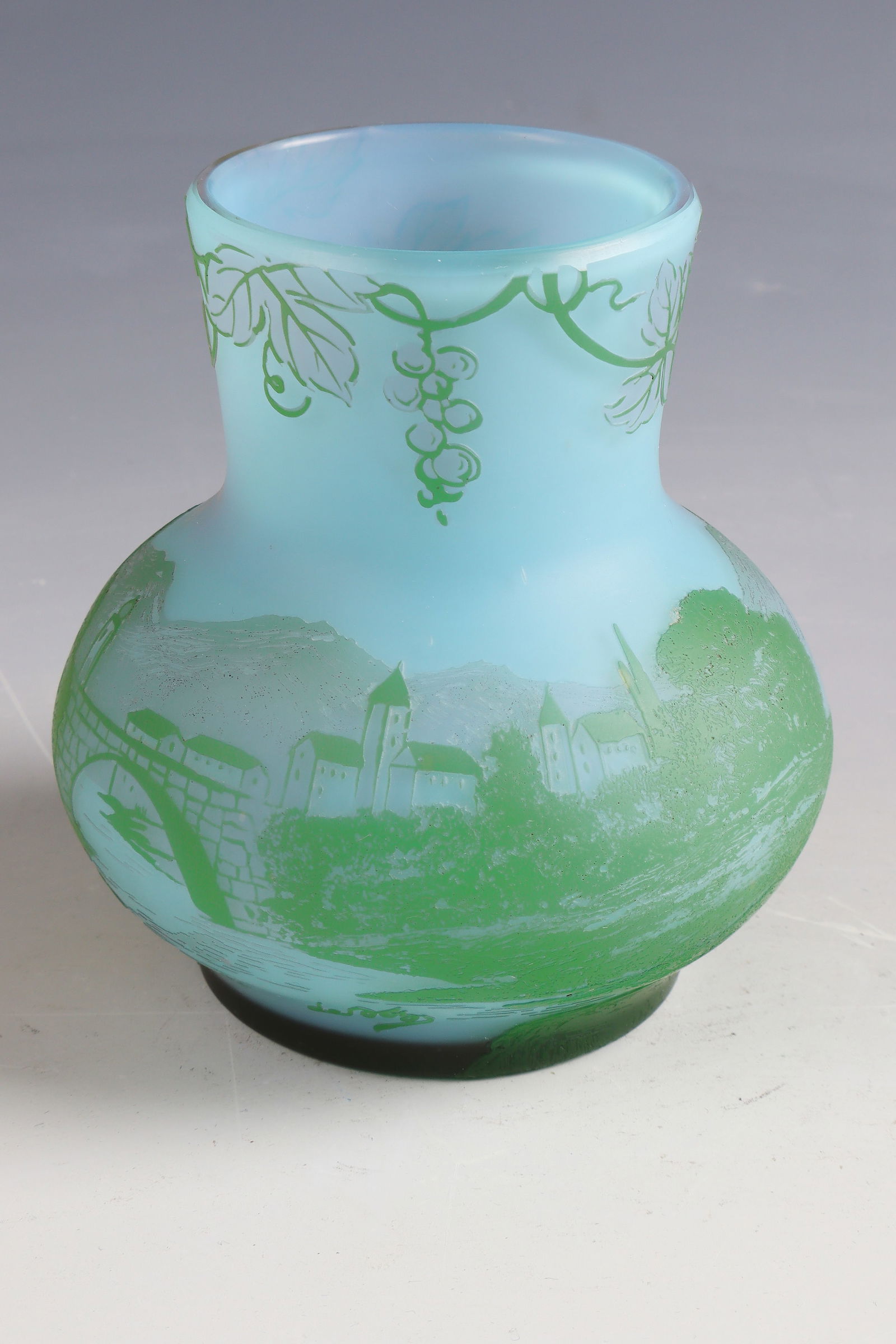 Small vase with mountain village by a river ''Village de montagne au torrent'': Small vase with mountain village on a river ''Village de montagne au torrent'' Cristallerie de Pantin, 1910 - 1914 Colourless glass, with light blue opal underlay, violet and light green overlay. Reli