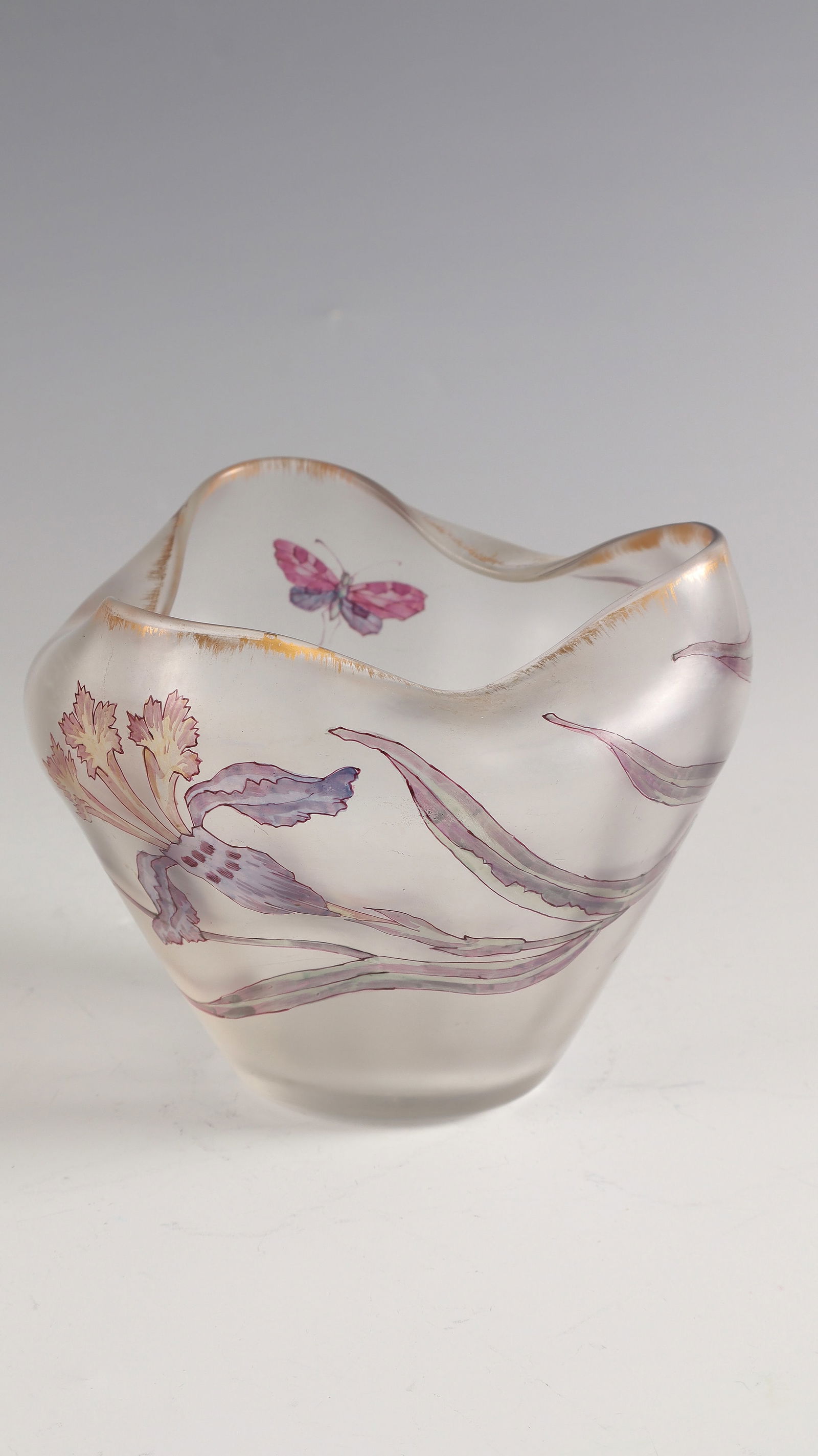 Vase with butterfly ''Iris et papillon'': Vase with butterfly ''Iris et papillon'' Cristallerie de Pantin, c. 1890 Colourless glass with colourful transparent enamel decoration. Underside inscribed: Pantin 1254 S.T.V. & C. (painted in gold).