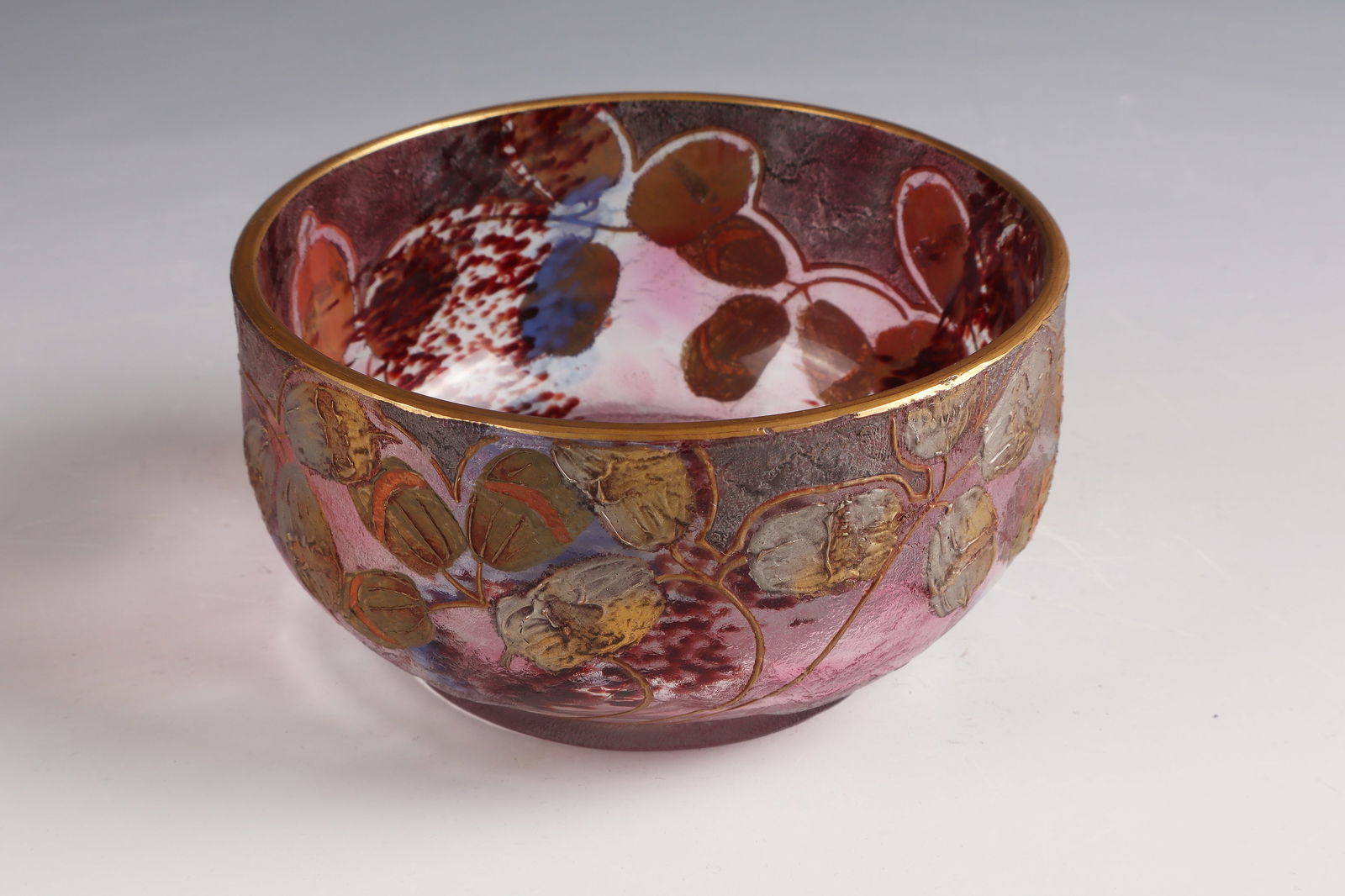 Bowl ''Monnaies di Pape'': Bowl ''Monnaies di Pape'' Cristallerie de Pantin, c. 1890 Colourless glass, with ruby pink crumb melting, etched decoration with enamel, gold and silver painting. Underside inscribed: A. Rub (stamped