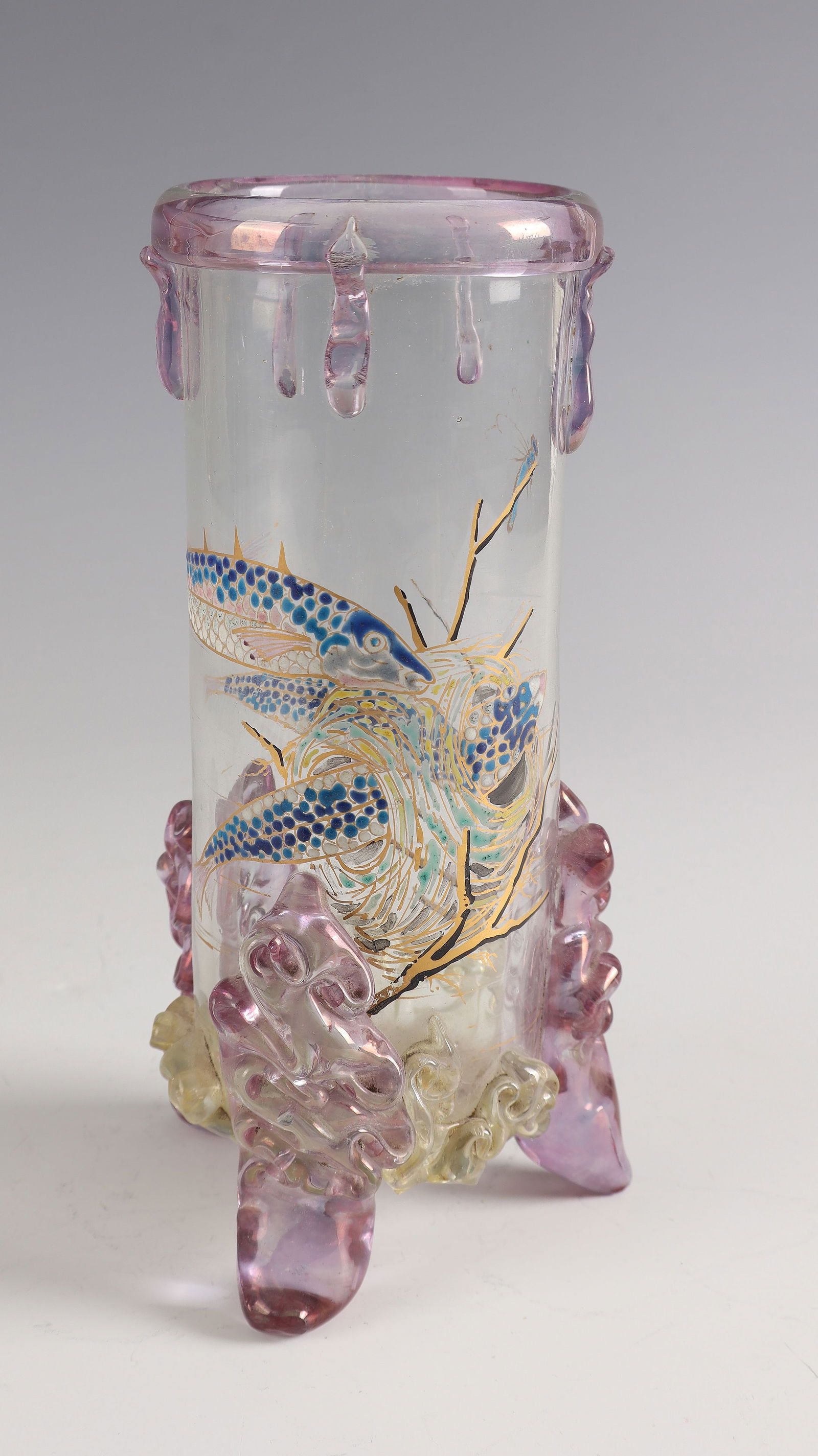 Vase with three-spined stickleback 'Épinoches': Vase with three-spined stickleback 'Épinoches' Eugène Rousseau/Ernest Leveillé, 1878 - 1880 Colourless glass with multicoloured opaque enamel decoration. Partially pinched appliqués in light