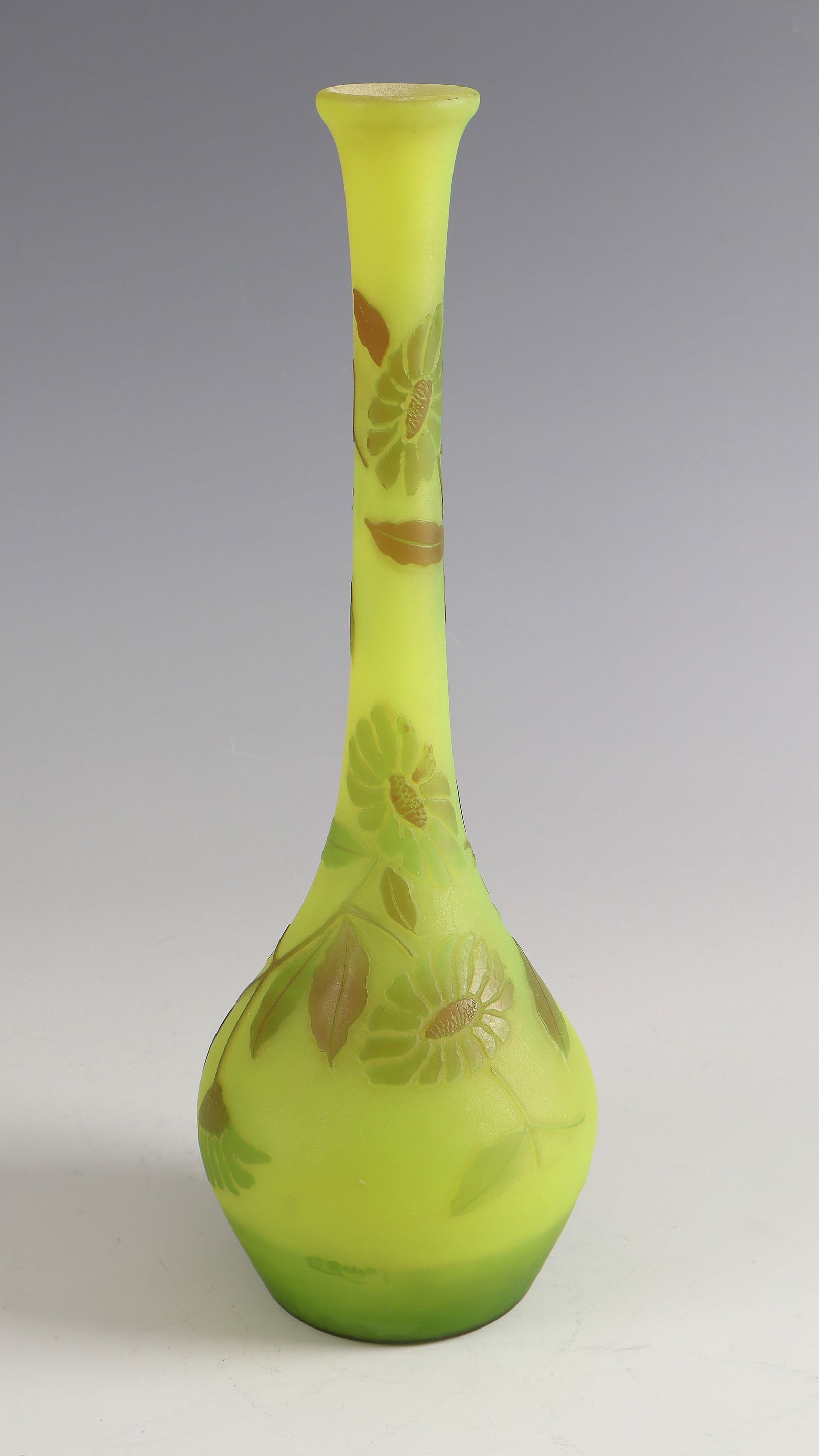 Long-neck vase with flower branch: Long-necked vase with flower branch Edmund Rigot, Villeroy & Boch, Wadgassen, 1919 - 1924 Light yellow opal glass, overlaid with green and light brown. Relief etched décor. On the lower wall inscribe
