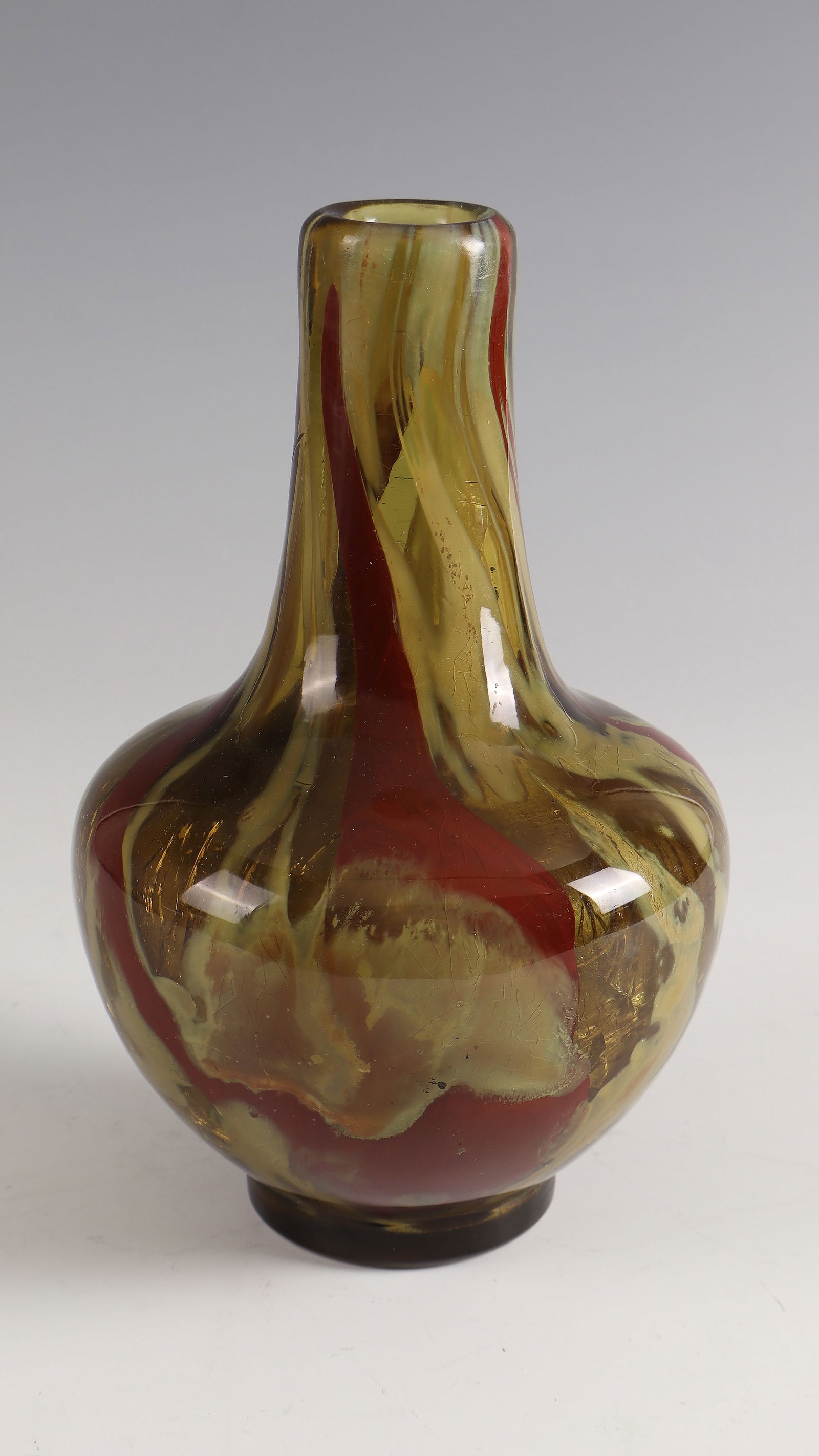 Long-neck vase: Long-neck vase Eugène Rousseau, Paris, 1878 - 1884 Olive green glass with inclusions in grey-green and sealing wax red, with crackle formation. Underside inscribed: E. Rousseau Paris (engraved).