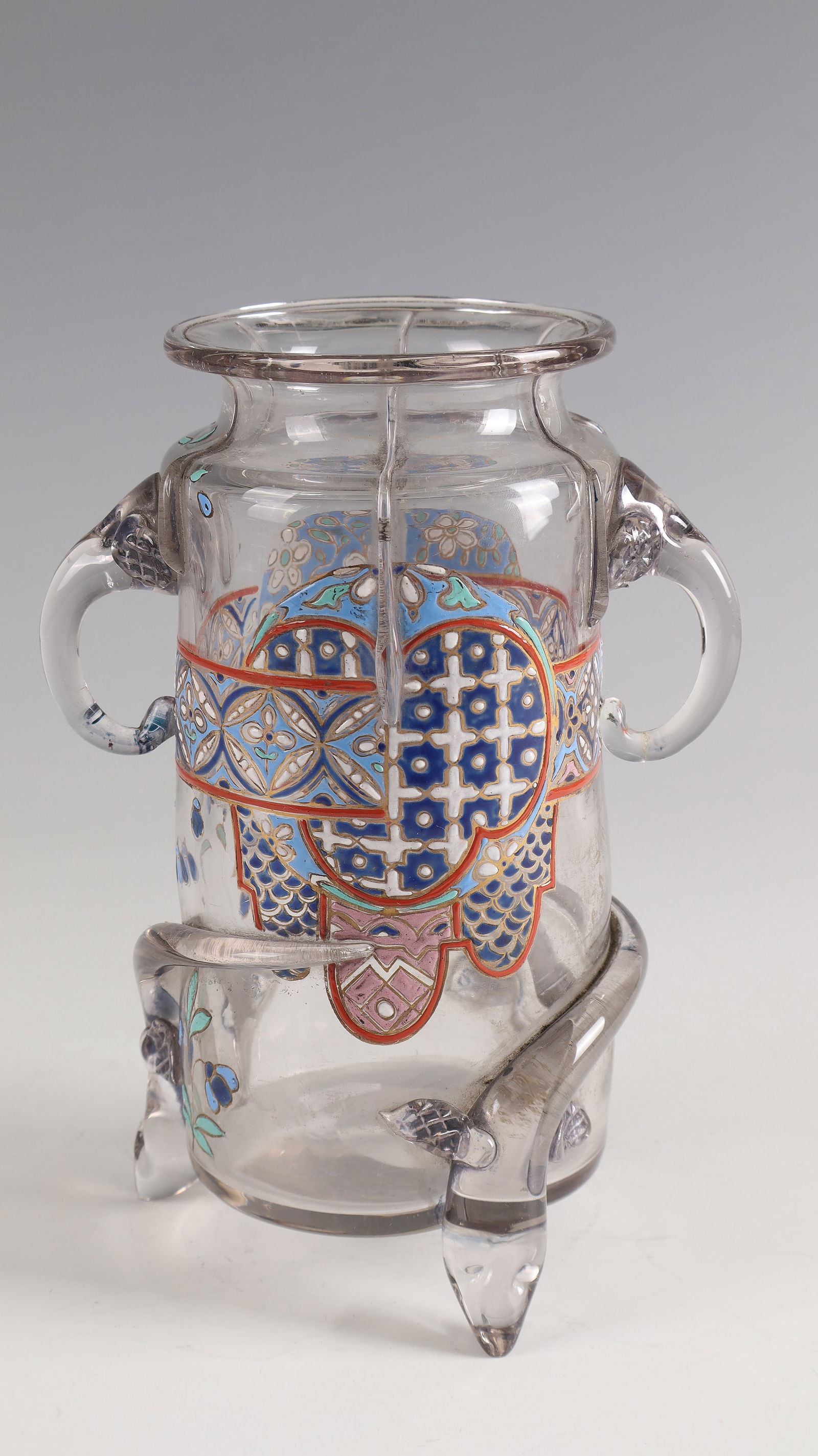 Vase ''Aux éléphants'': Vase ''Aux éléphants'' Eugène Rousseau / Ernest Leveillé, Paris, 1877 - 1878 Smoky grey glass with polychrome opaque enamel painting and gold. Below the shoulder elephant handle. Snake feet.
