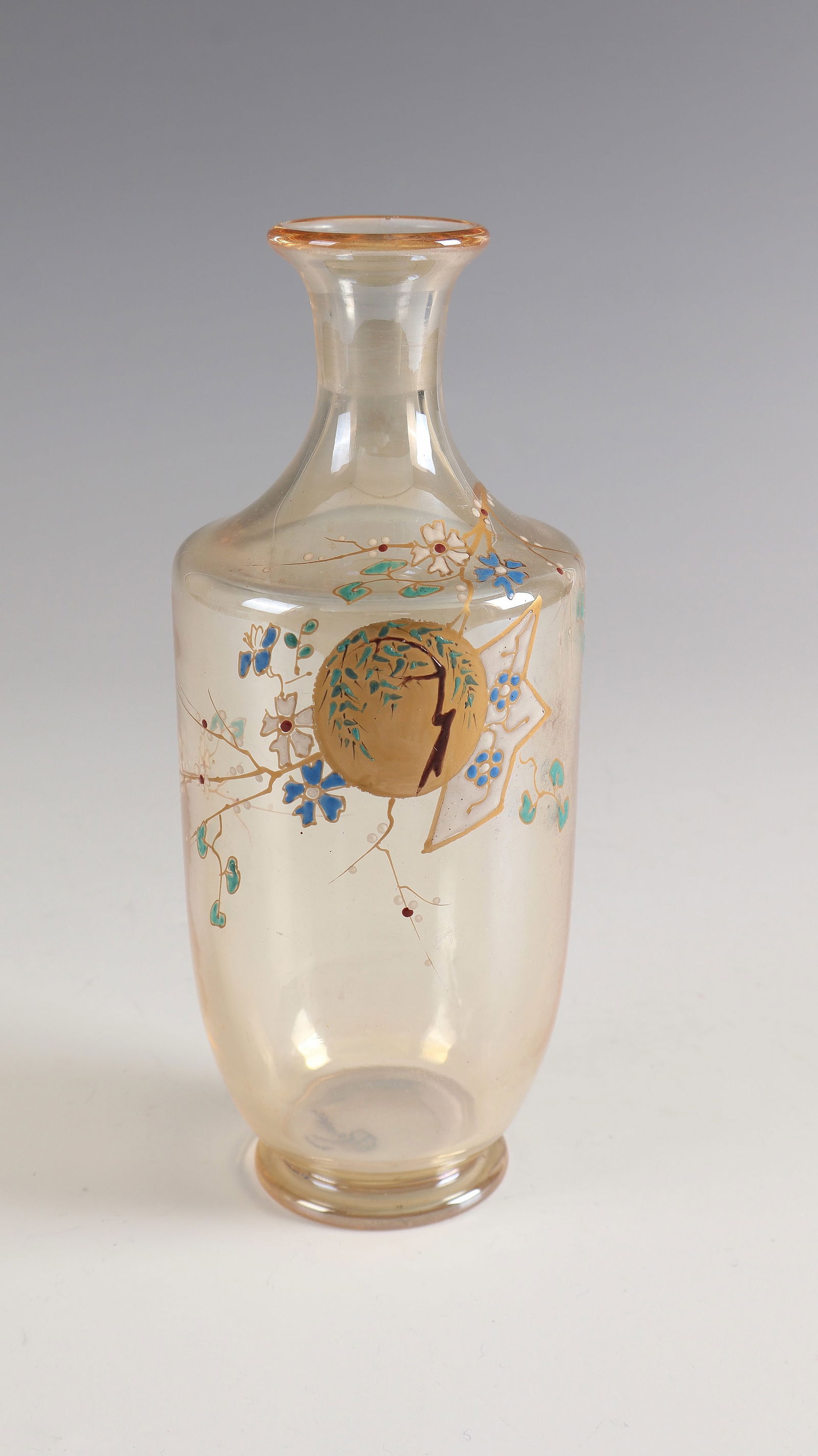 Vase with Japonizing Decoration: Vase with Japonizing Decoration Francois-Eugène Rousseau, Paris, 1878 - 1884 Light brown-yellow glass with colorful opaque enamel and gold painting. Underside inscribed: E Rousseau Paris (painted in
