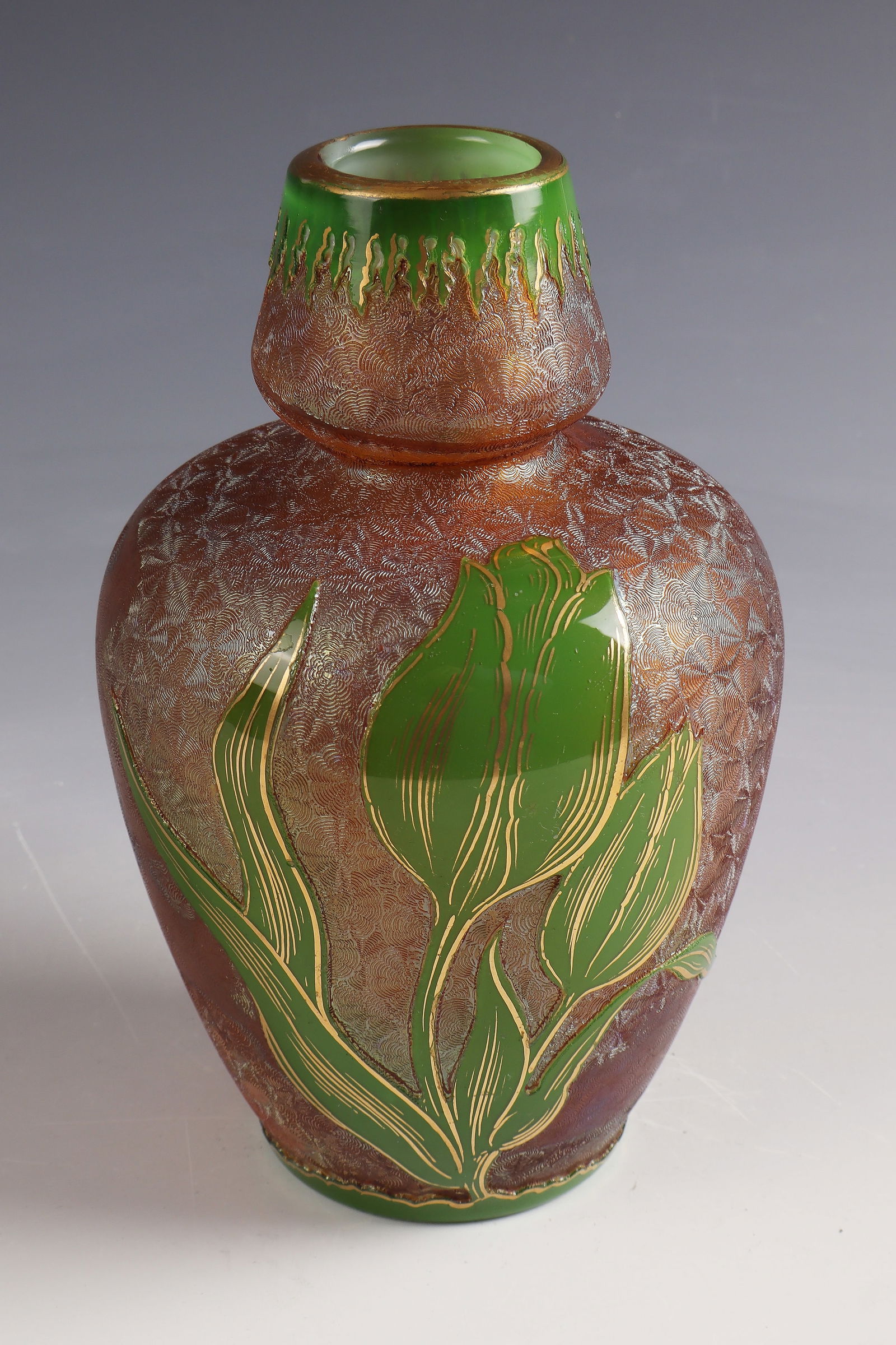 Vase ''Tulipes'': Vase ''Tulipes'' Cristalleries de Saint - Louis, 1900 - 1906 - Design: Désiré Christian Brown-violet glass, opaque white and light green overlay. Relief etched décor. Contour and interior drawing