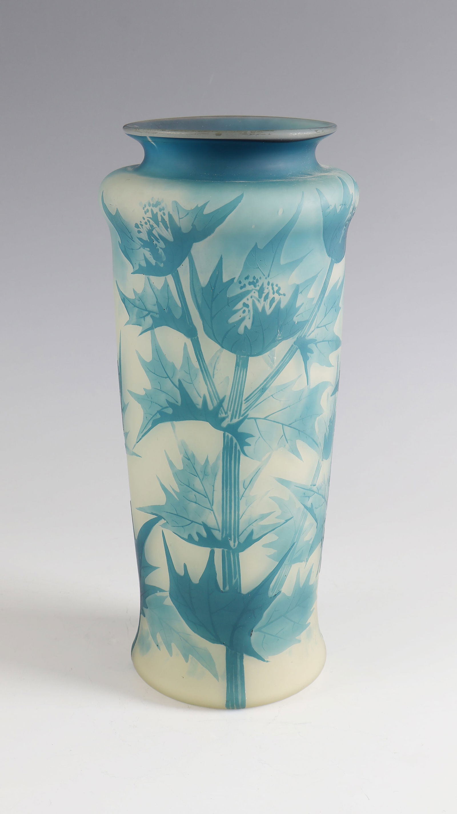 Vase with poinsettia ''Poinsettia'': Vase with poinsettia ''Poinsettia'' Val Saint - Lambert, c. 1910 - designed by Léon Ledru Colourless glass, opaque white underlay, blue-green overlay. Relief etched décor. Interior drawing in flat