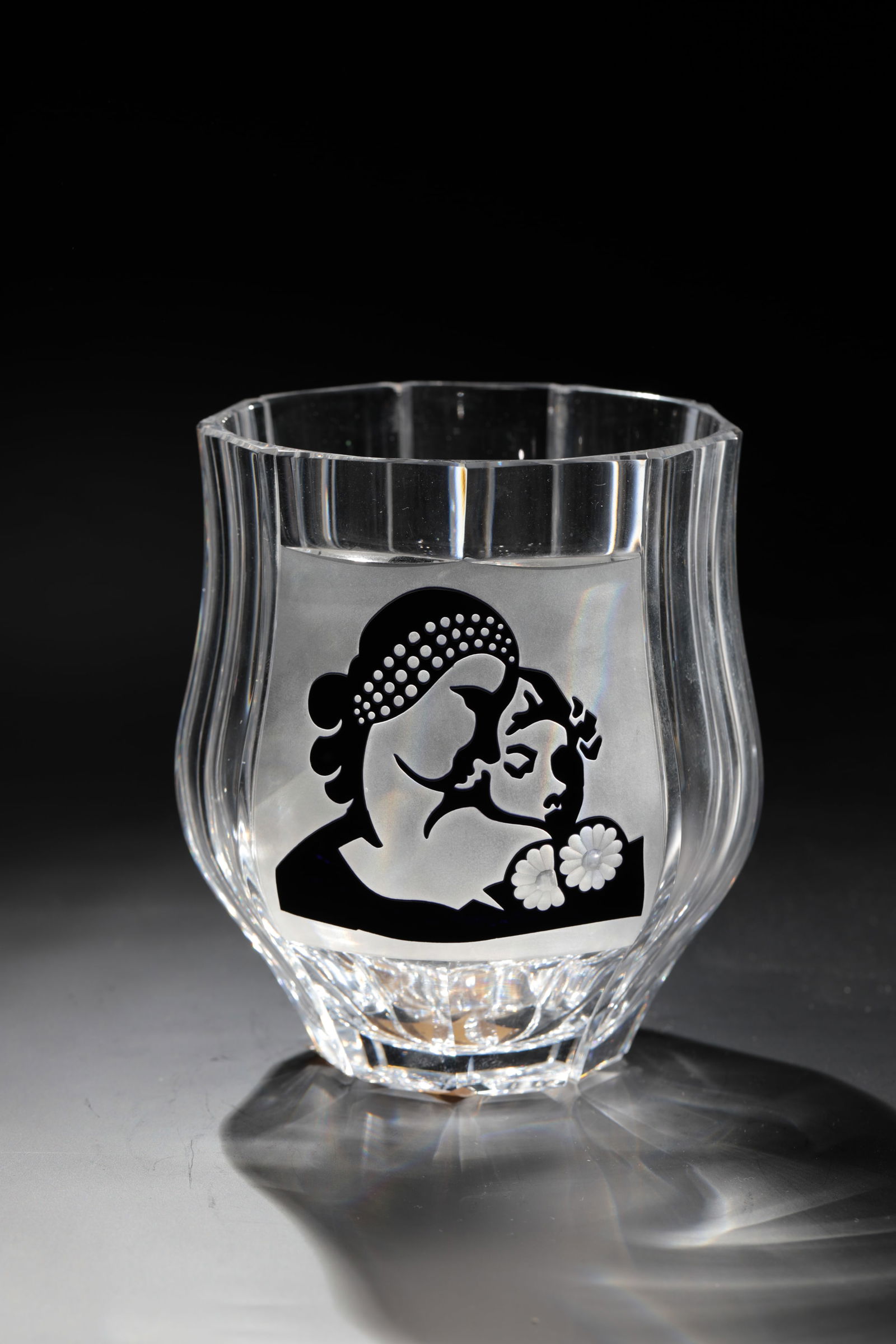 Vase ''Aux deux visages'': Vase ''Aux deux visages'' Cristalleries du Val Saint - Lambert, 1952 - Design: Charles Graffart Colourless glass, partly overlaid in black, cut and etched in relief. Underside inscription: Création