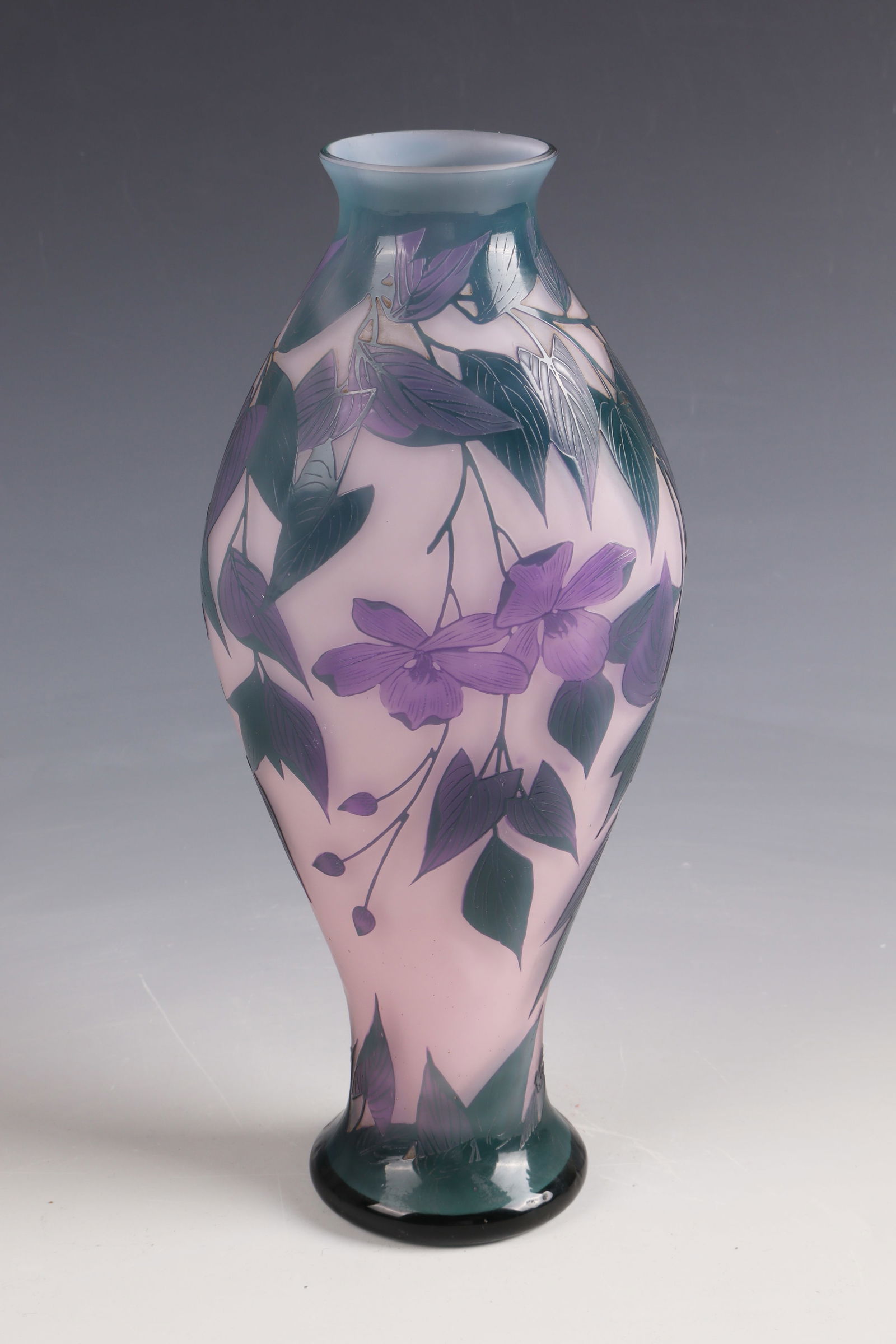 Vase with flower branch: Vase with flower branch Loetz Wwe., Klostermühle, 1921 - 1925 Colourless glass, underlaid with pink opal, green and violet overlay. Relief etched décor. Interior drawing in high and needle etching.