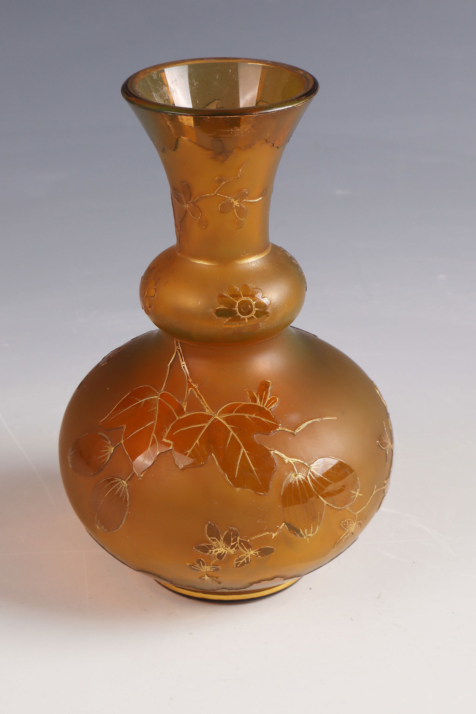 Vase with gooseberry ''Groseillier à maquereau'': Vase with gooseberry ''Groseillier à maquereau'' Gräflich Harrach'sche Glasfabrik, Neuwelt, c. 1900 Colourless glass, brown and green overlay. Relief etched décor. Interior drawing in polished and