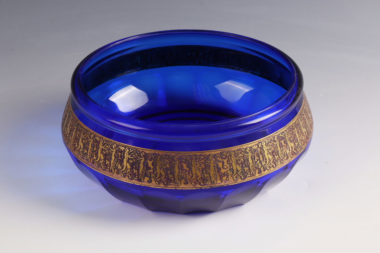 Bowl with Satyrs and Nymphs ''Fipop'': Bowl with Satyrs and Nymphs ''Fipop'' L. Moser & Sons, Carlsbad, c. 1920 - 1925 Cobalt blue glass with peel cut, etched and gilded decorative frieze. Underside labeled: Made in Czecho Slovakia Moser