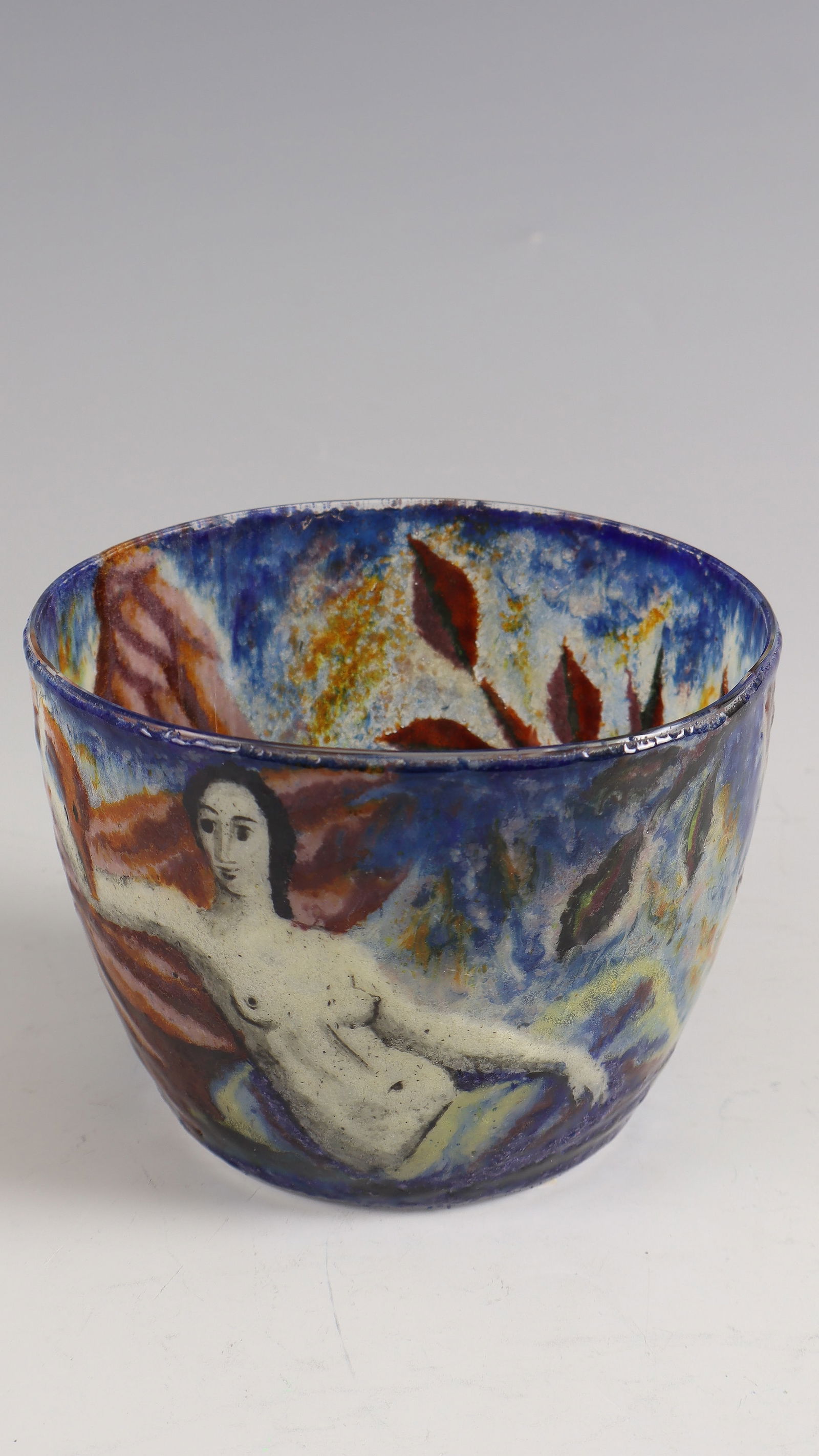 Vase with Female Semi-Nude ('Leda'): Vase with female semi-nude ('Leda') Lotte Fink (design and execution) for J. & L. Lobmeyr, Vienna, 1924/25 Colourless glass with impasto polychrome transparent enamel painting. Wall with stress