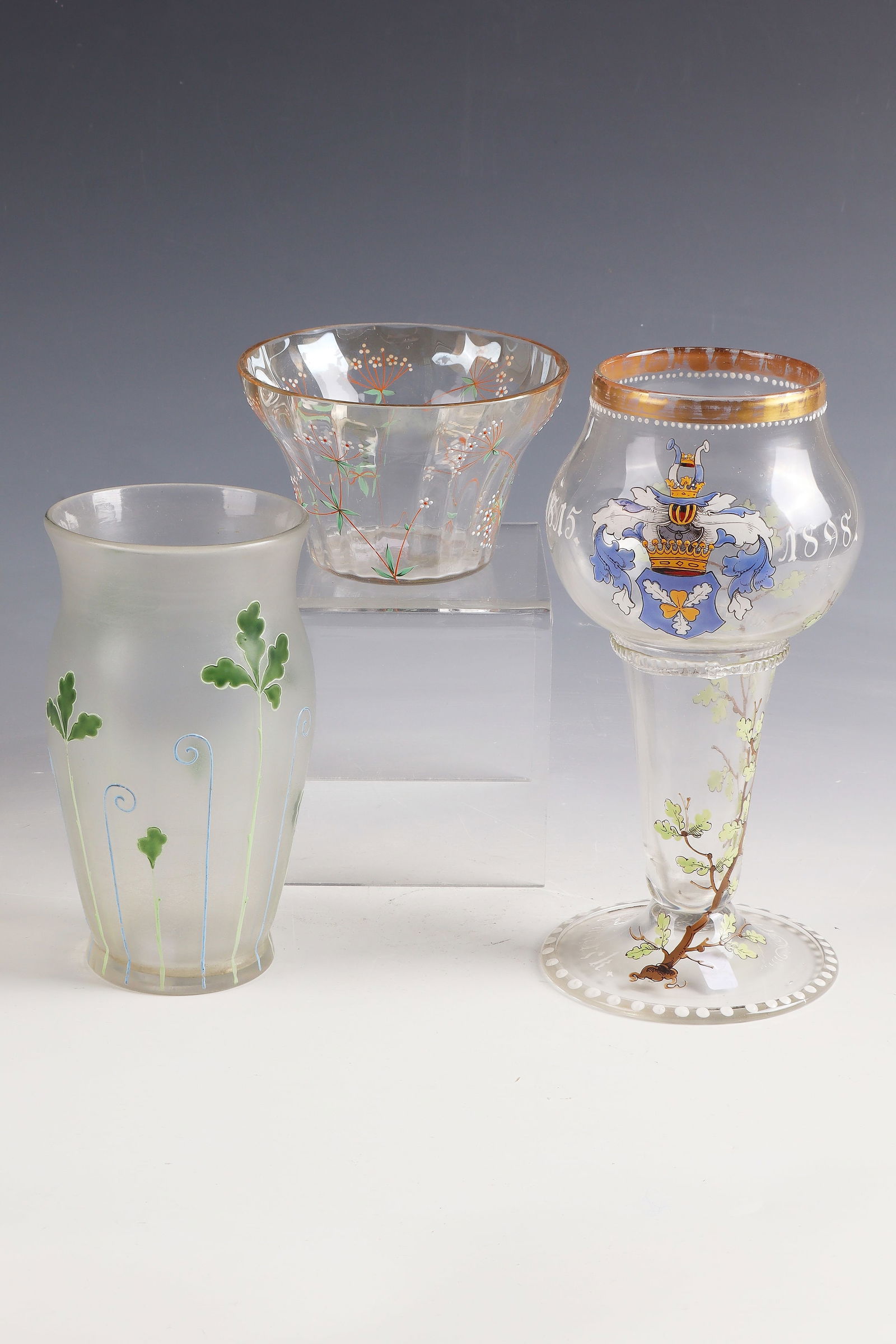 Goblet ''Bismarck'', bowl and vase: Goblet ''Bismarck'', bowl and vase Fritz Heckert, Petersdorf, 1898 - 1900 Colourless, partly optically blown glass with gold and multi-coloured opaque and transparent enamel. A glass titled ''Otto