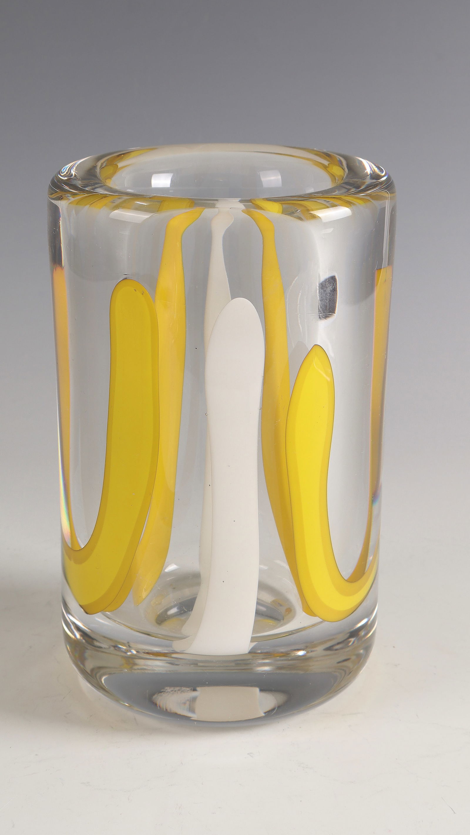 Vase ''Unica'': Vase ''Unica'' Glasfabriek Leerdam, 1976 - Design: Floris Meydam Colourless, thick-walled glass with ribbon melting in yellow and white. Underside marked: Leerdam LLM 238-76 Meydam (in diamond