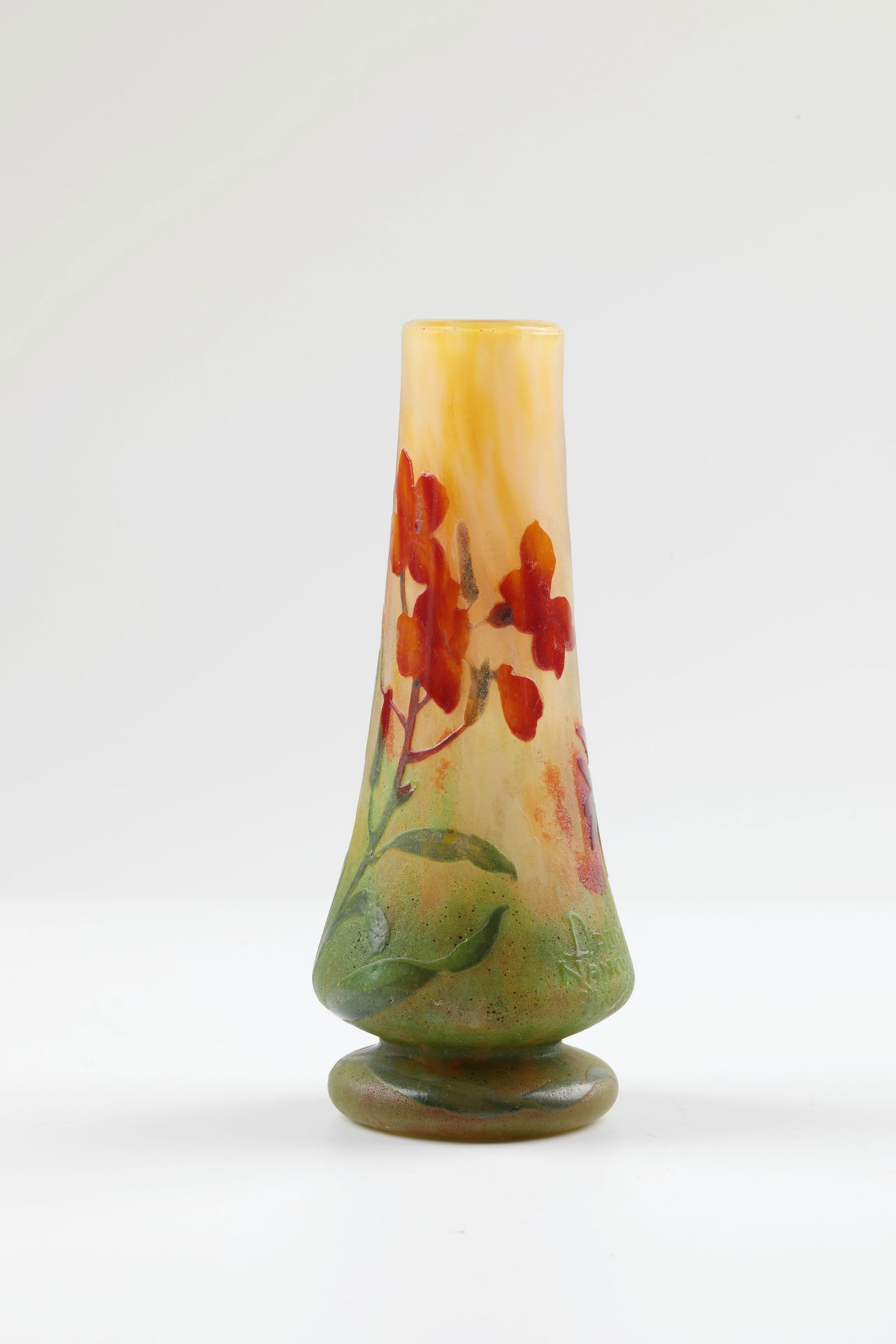 Small vase: Small vase Daum Frères, Nancy, c. 1910 Colourless glass with yellowish and orange powder inclusions and green enamel melting. Etched and polychrome enamelled décor: red flower stems, flower capsules