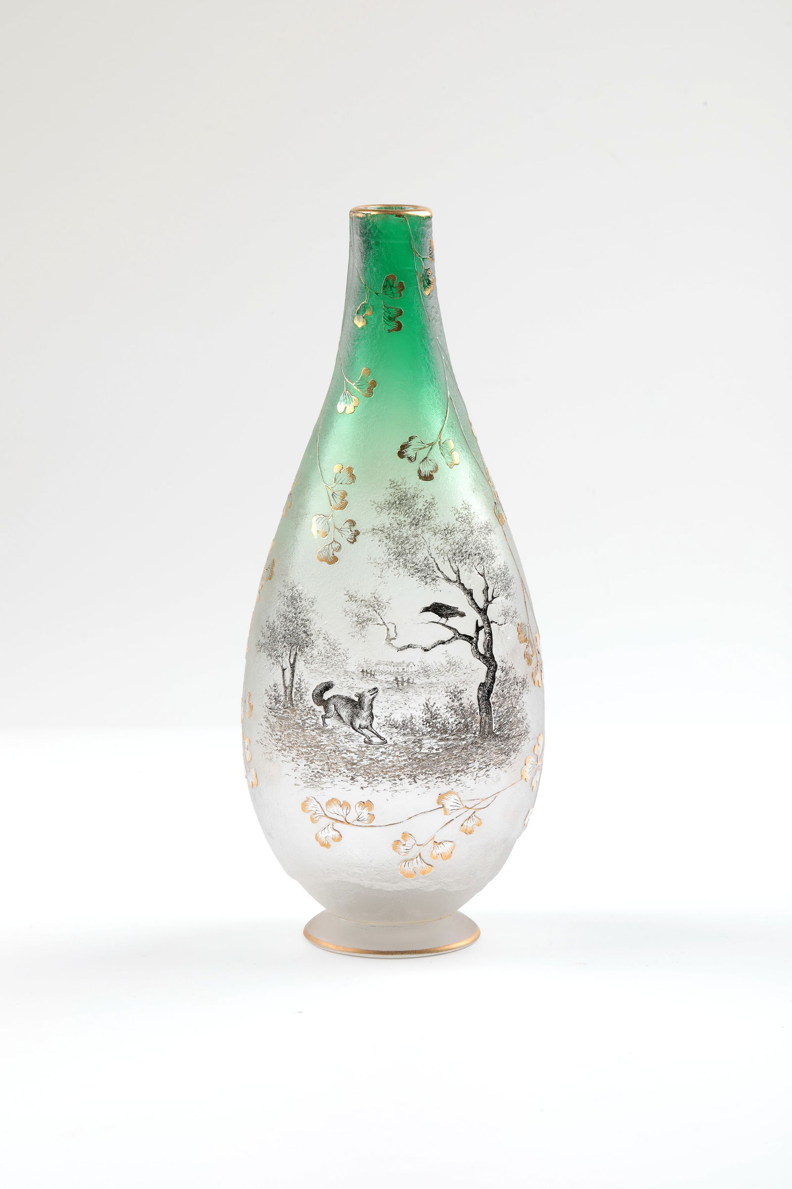 Vase ''Le corbeau et le renard'': Vase ''Le corbeau et le renard'' Daum Frères, Nancy, c. 1895 Colourless glass, green underlaid on the inside. Decor etched over an ice-glass-like ground, painted with gold and black flat paint: fores