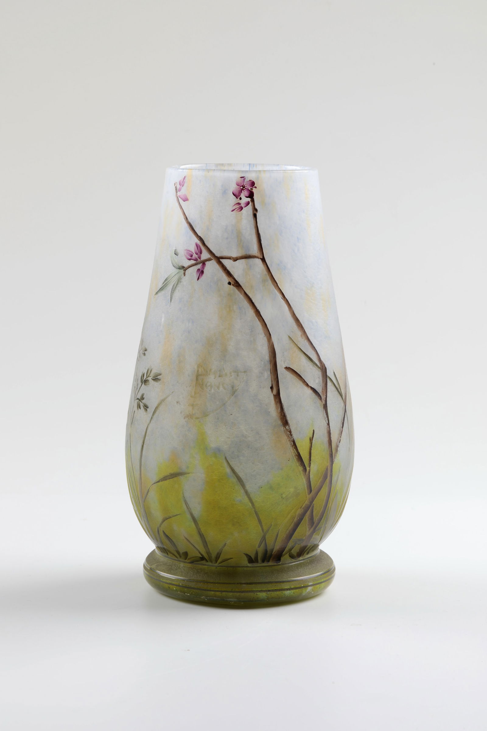 Vase ''Bois gentil'': Vase ''Bois gentil'' Daum Frères, Nancy, c. 1906 Colourless glass with powder inclusions in white, green and yellow, with decoration etched in relief and painted in colourful enamel: daphne branch wi