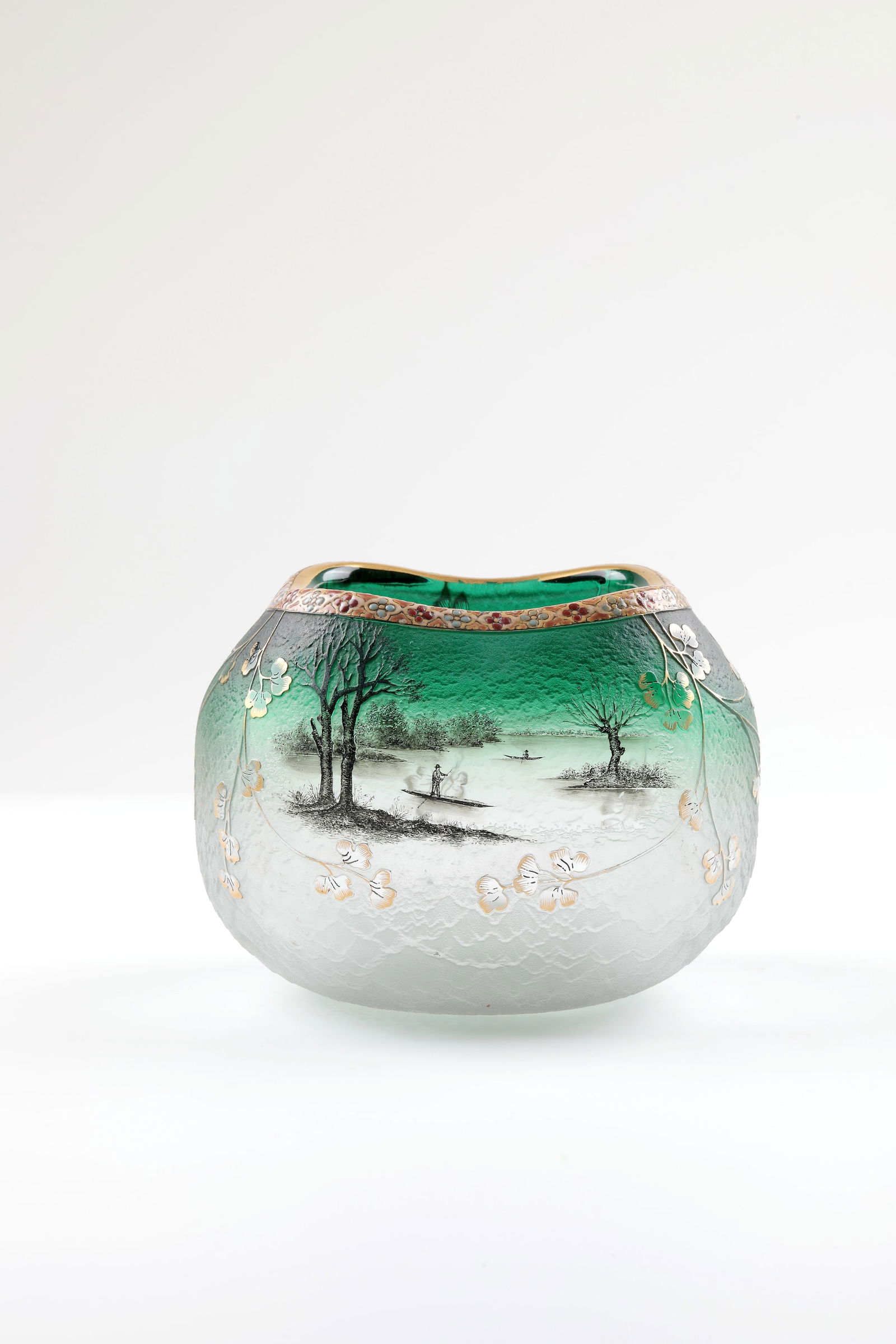 Vase ''Paysage'': Vase ''Paysage'' Daum Frères, Nancy, c. 1895 Colourless glass, green underlaid on the inside. Decor etched over an ice-glass-like ground, painted with gold and black flat paint: river landscape with