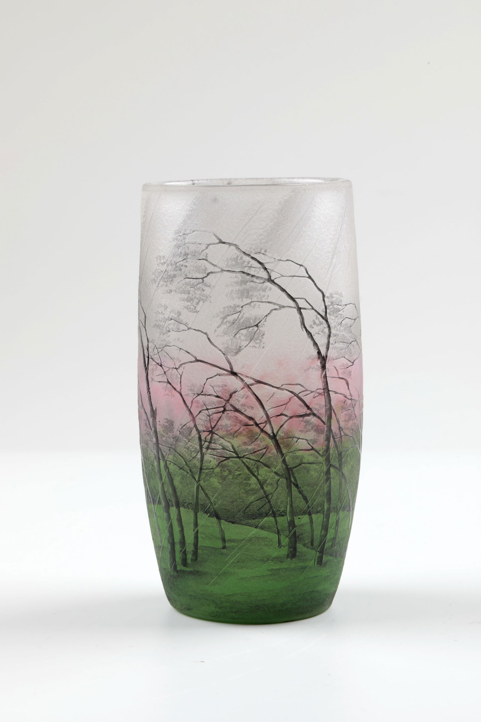 Rare Vase ''Pluviose'': Rare vase ''Pluviose'' Henri Bergé (design), Daum Frères, Nancy, 1899 - 1902 Colourless glass, with powder melting in light green and pink. Decorated in relief etched all around and heightened with