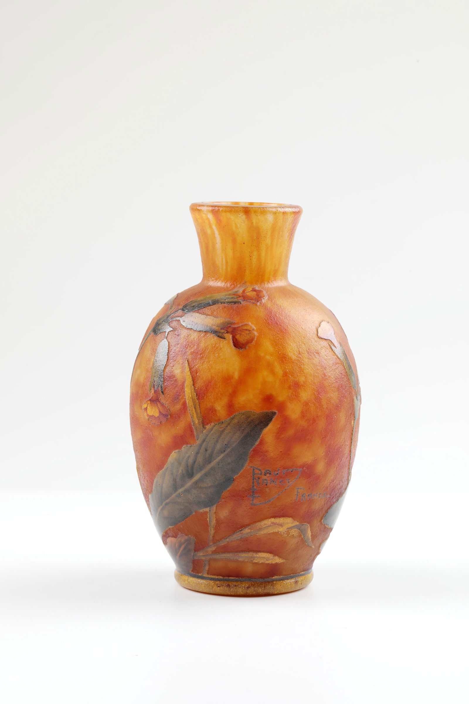 Vase 'Primevère, fleurs de coucou': Vase 'Primevère, fleurs de coucou' Daum Frères, Nancy, c. 1905-1910 Colourless glass with multicoloured powder melted in and out in orange-yellow and red-violet. Etched décor painted in colorful