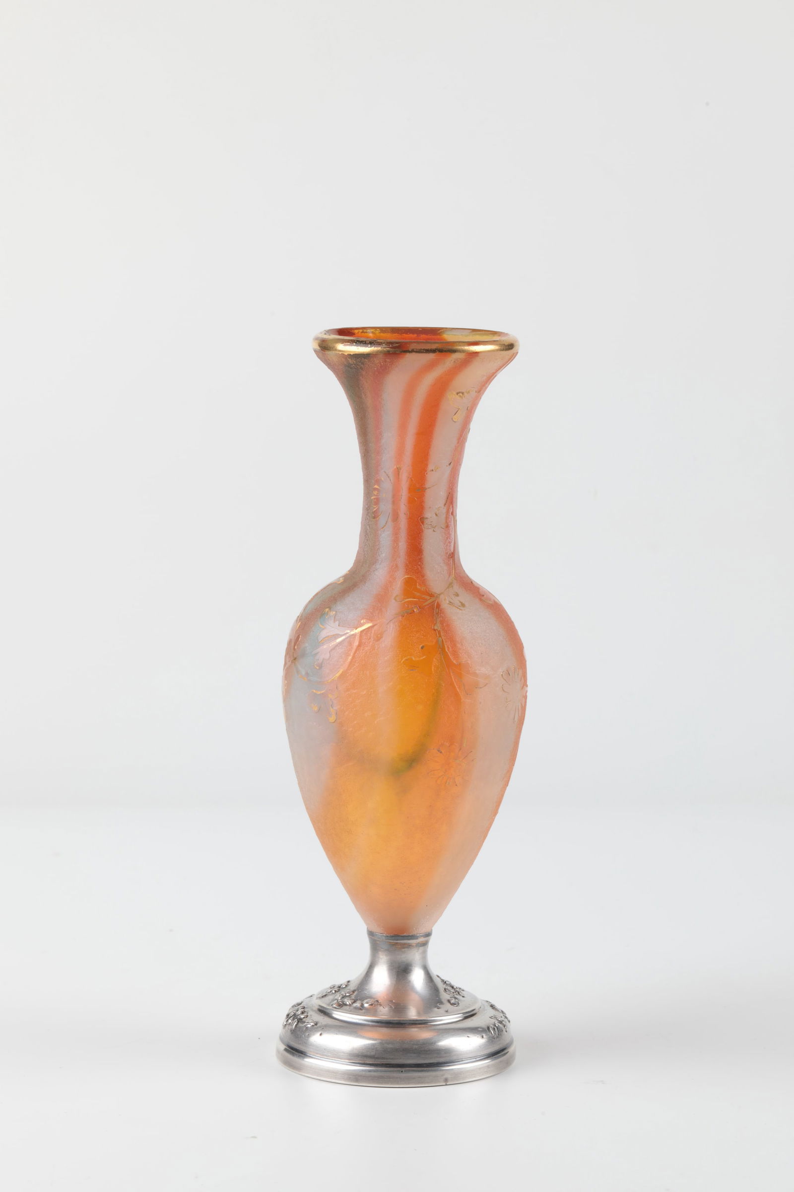 Small Baluster Vase: Small Baluster Vase Daum Frères, Nancy, c. 1896 Colourless glass with white opal underlay and green-yellow, blue-violet and orange-red powder inclusions. Floral décor with flat relief etched and