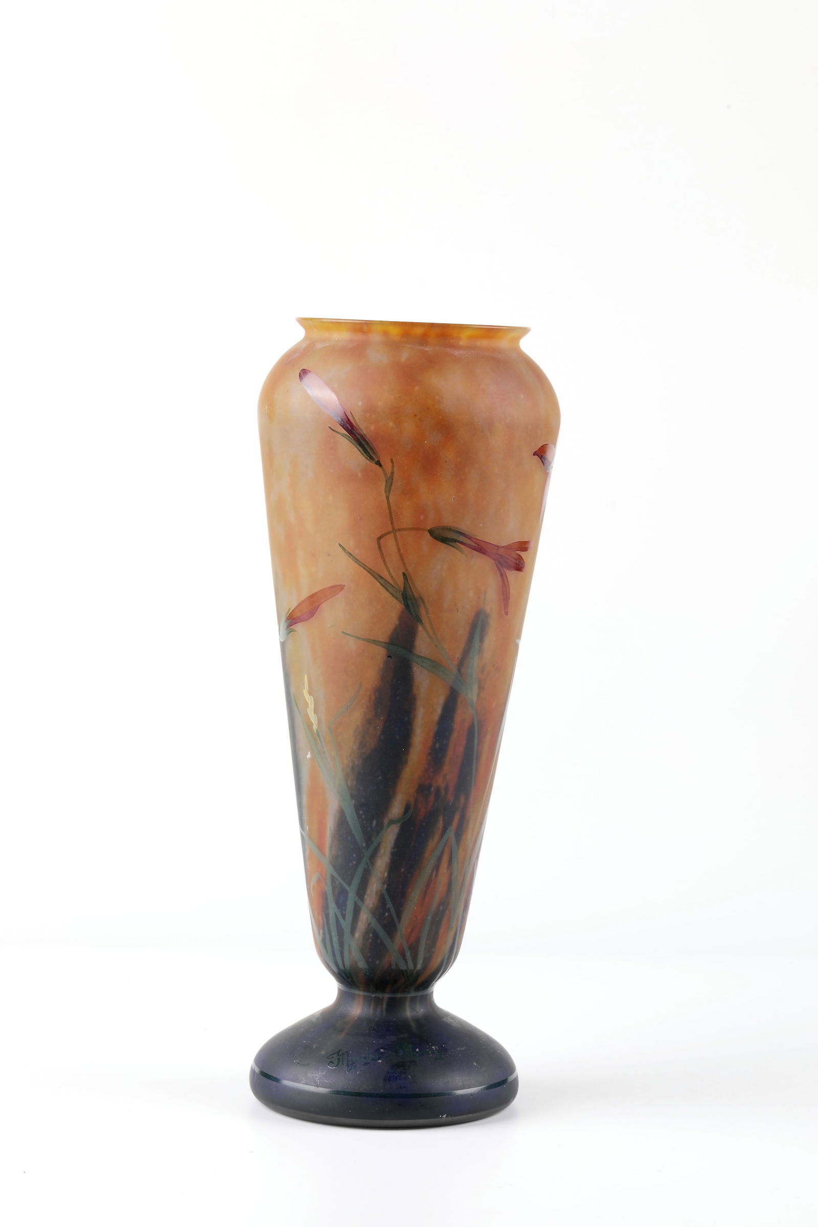 Vase: Vase Verrerie Belle Étoile, Croismare, c. 1930 Colourless glass with orange-yellow powder melting. Floral decoration all around in polychrome flat enamel painting. Inscribed on the top of the foot: M