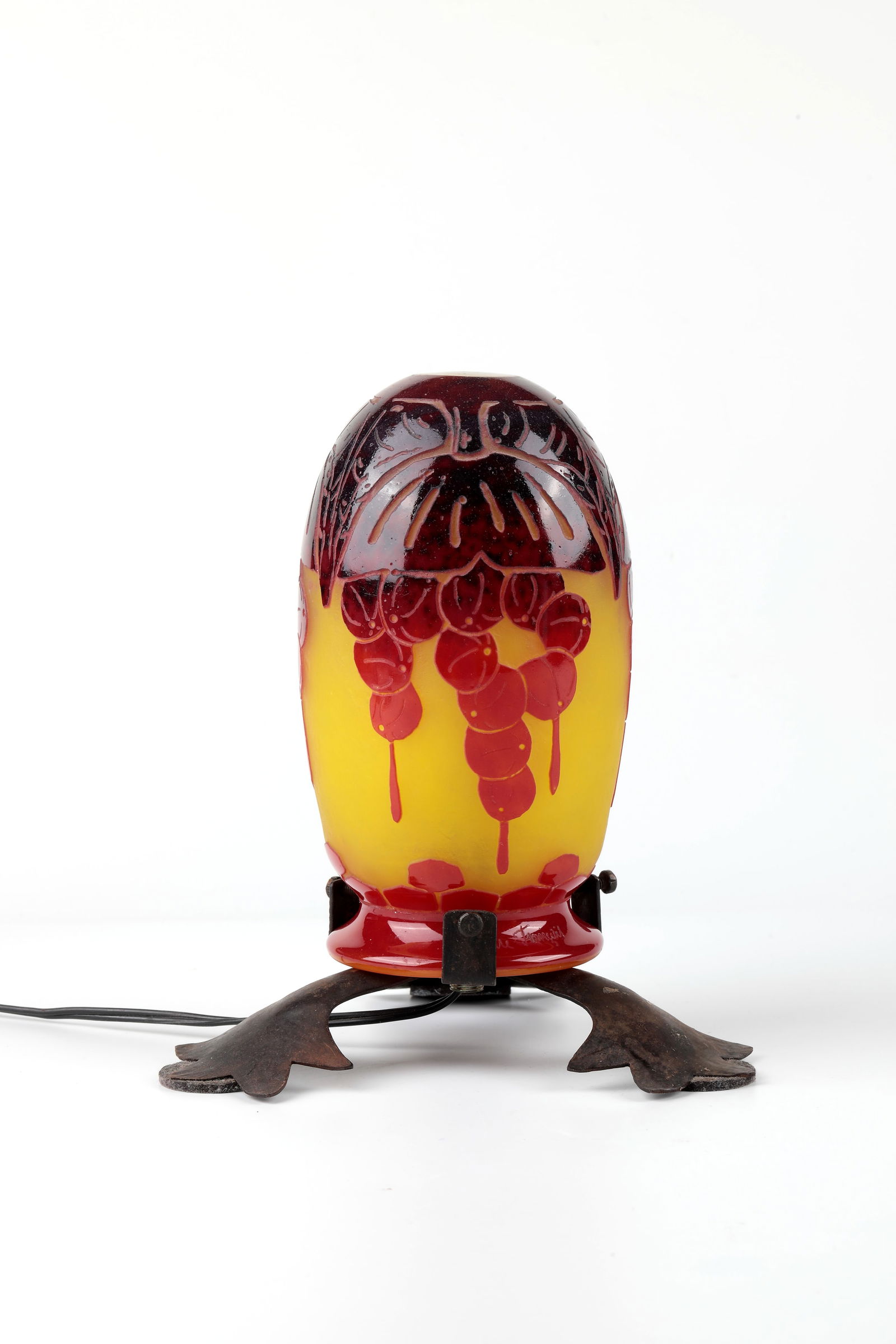Night lamp ''Groseilles'': Night lamp ''Groseilles'' Verreries Schneider, Epinay/Seine, 1918-1922 Colourless glass with melted yellow and melted orange, orange-red and brown-red powder. Etched decoration in relief all around:
