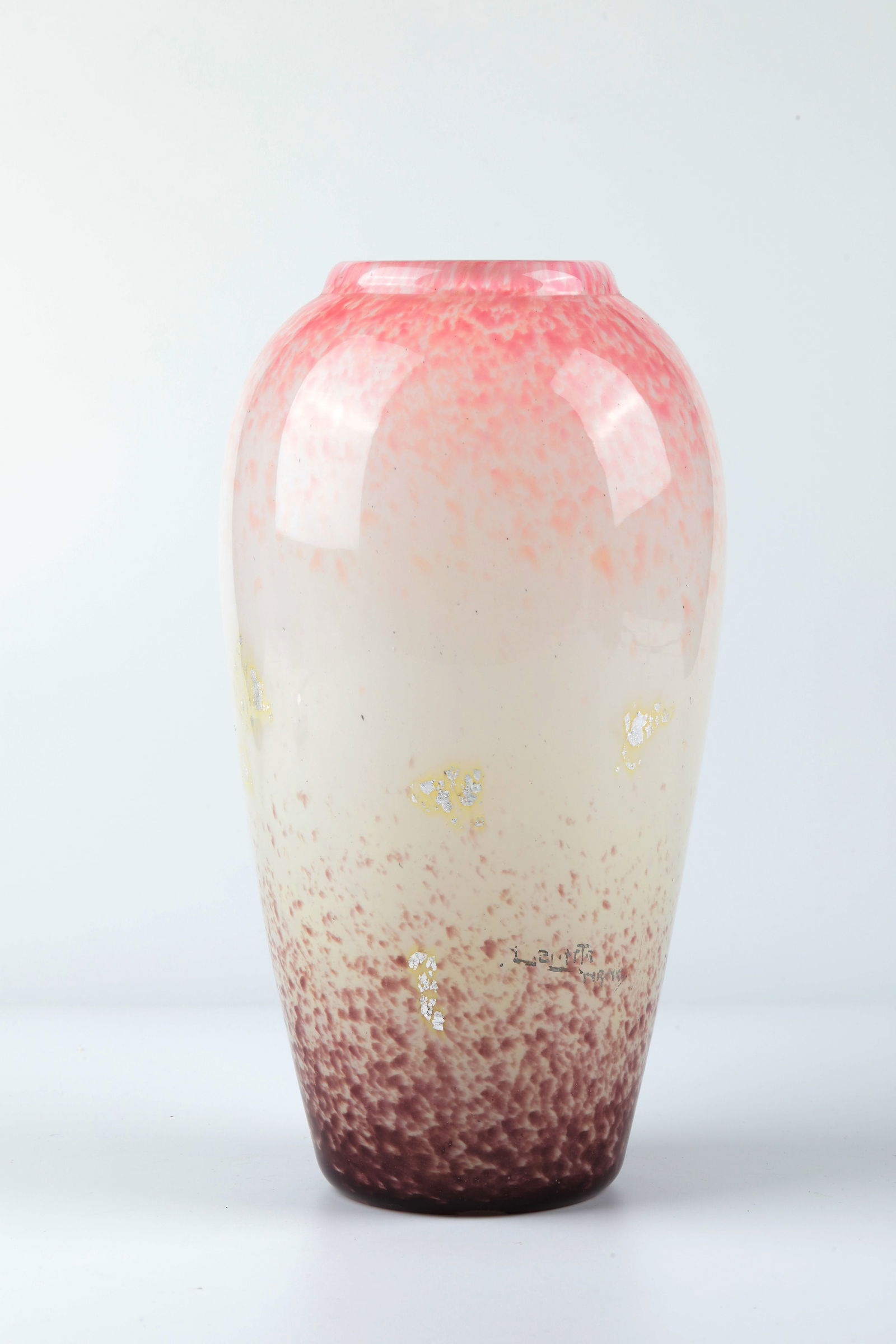 Vase: Vase André Delatte, Nancy, 1920s Colorless glass with powder fusions in pink and violet and burst silver foil inclusions. On the wall inscribed: ADelatte Nancy (rubbed). H. 25 cm.