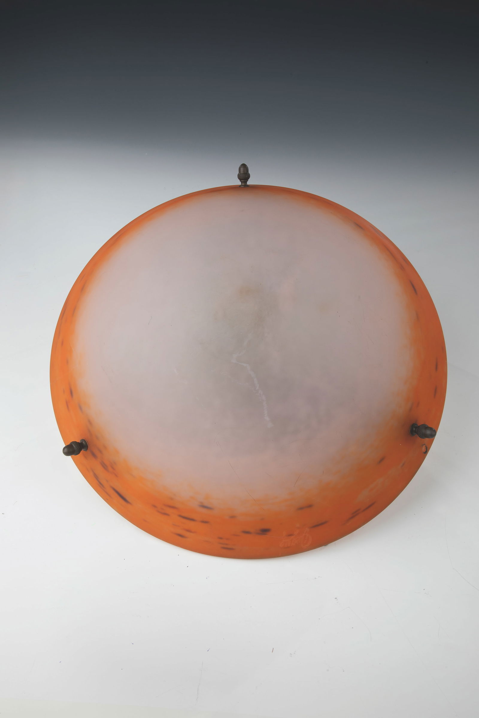 Hanging lamp: Pendant Lamp Verrerie d'Art Degué (Cristalleries de Compiègne), France, c. 1930 Colourless glass with powder meltings in orange and partially black, interior and exterior wall acid-matted. Metal