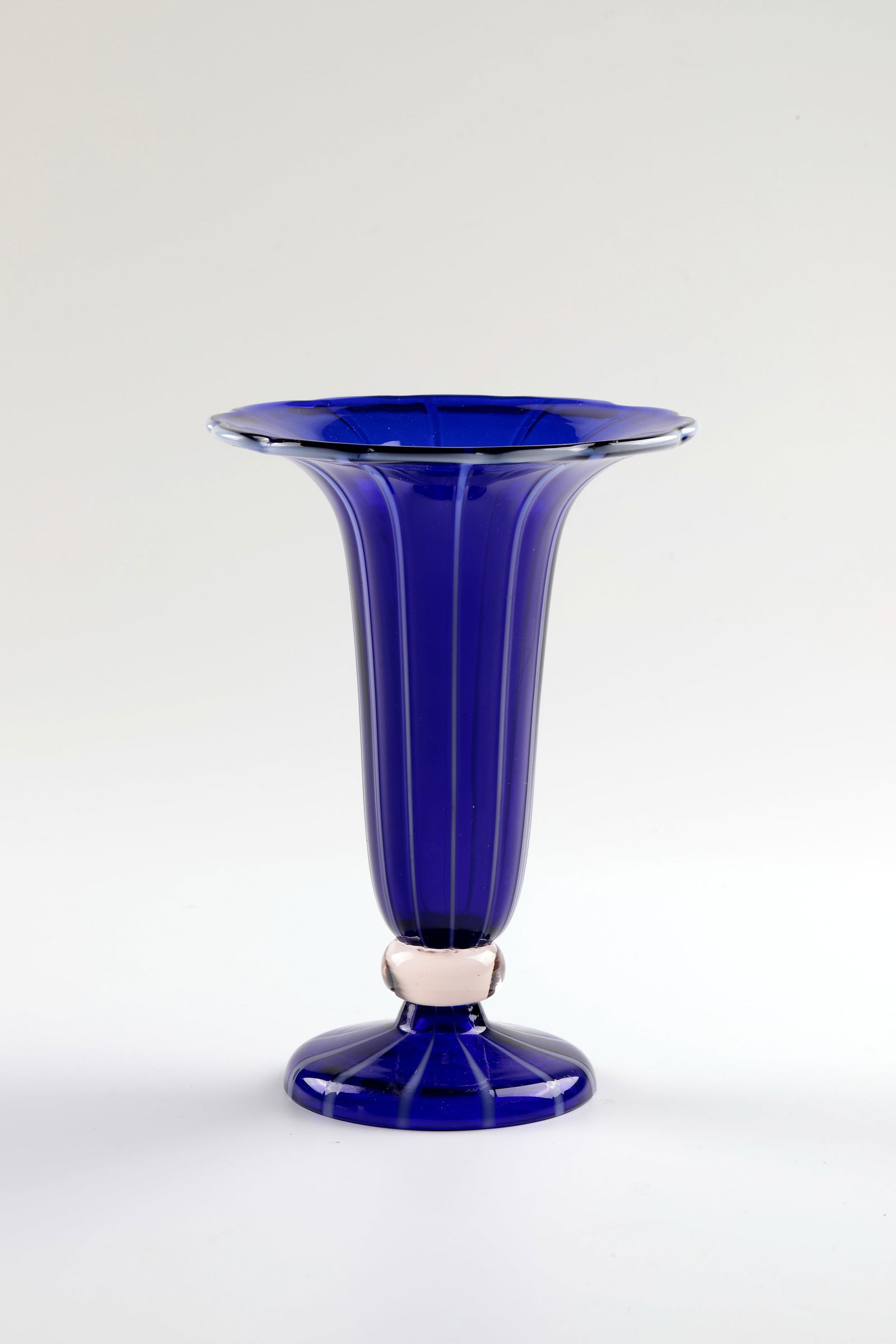 Vase ''Cobalt Blue with White Stripes Ausf. 157'': Vase ''Cobalt Blue with White Stripes Ausf. 157'' Loetz Wwe., Klostermühle, c. 1915 Cobalt blue glass with vertically applied threads in white opal. The passingly wavy muzzle rim with white thread