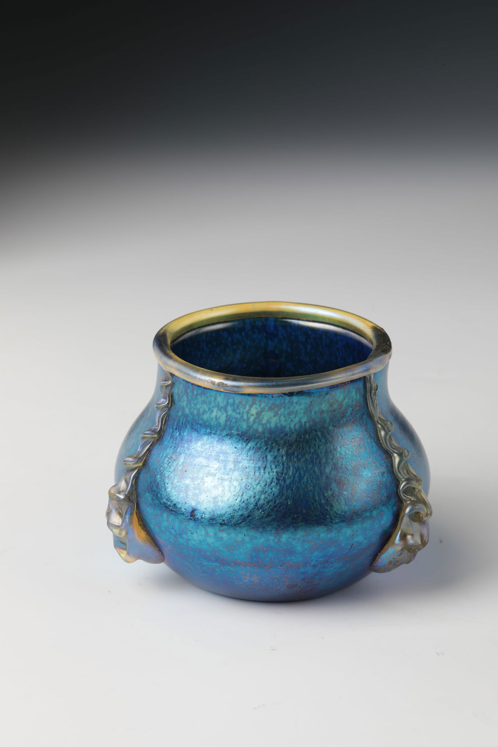 Vase ''cobalt norma'': Vase ''cobalt norma'' Loetz Wwe., Klostermühle, 1900 Cobalt blue glass with flat powder melting in silver yellow. Iridescent. On the bulbous wall three pinched appliqués and at the edge of the