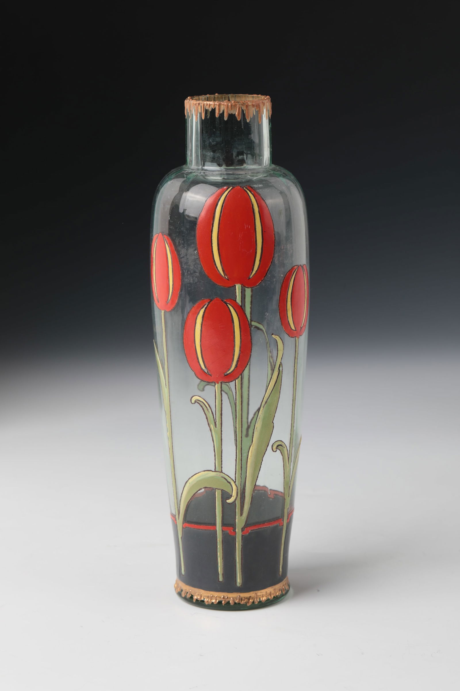 Vase with tulips: Vase with tulips Gräflich Harrachsche Glasfabrik, Neuwelt, c. 1900 Light green, longitudinally optically blown glass with colourful opaque enamel decoration: flowers and foliage of the tulip.