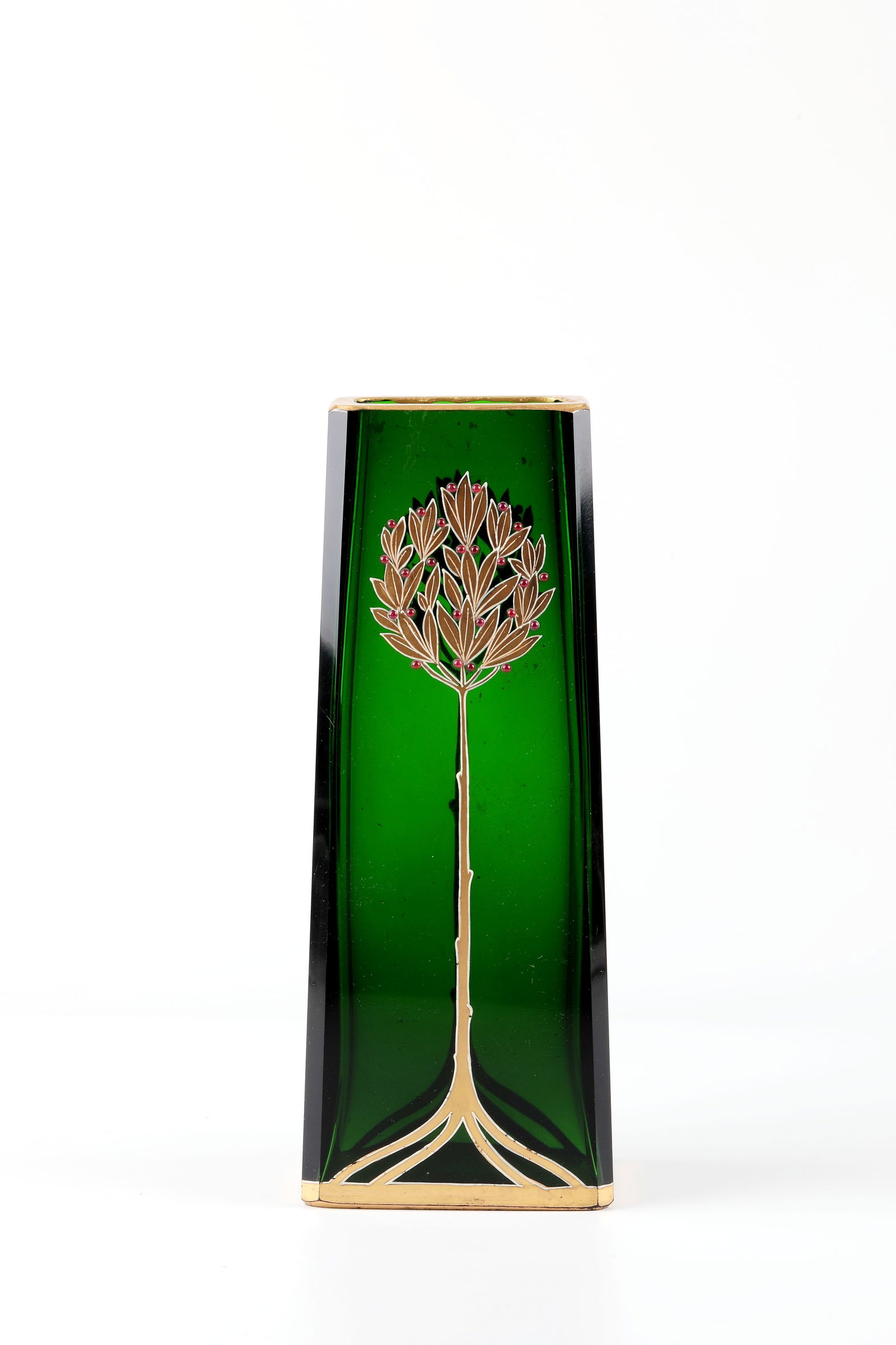 Rectangular vase: Rectangular vase Josef Riedel, Polaun, c. 1910 Green glass. Rectangular body with bevelled edges, tapering towards the top. Decor in white enamel contoured polished gold: stylized tree. Appliqued red