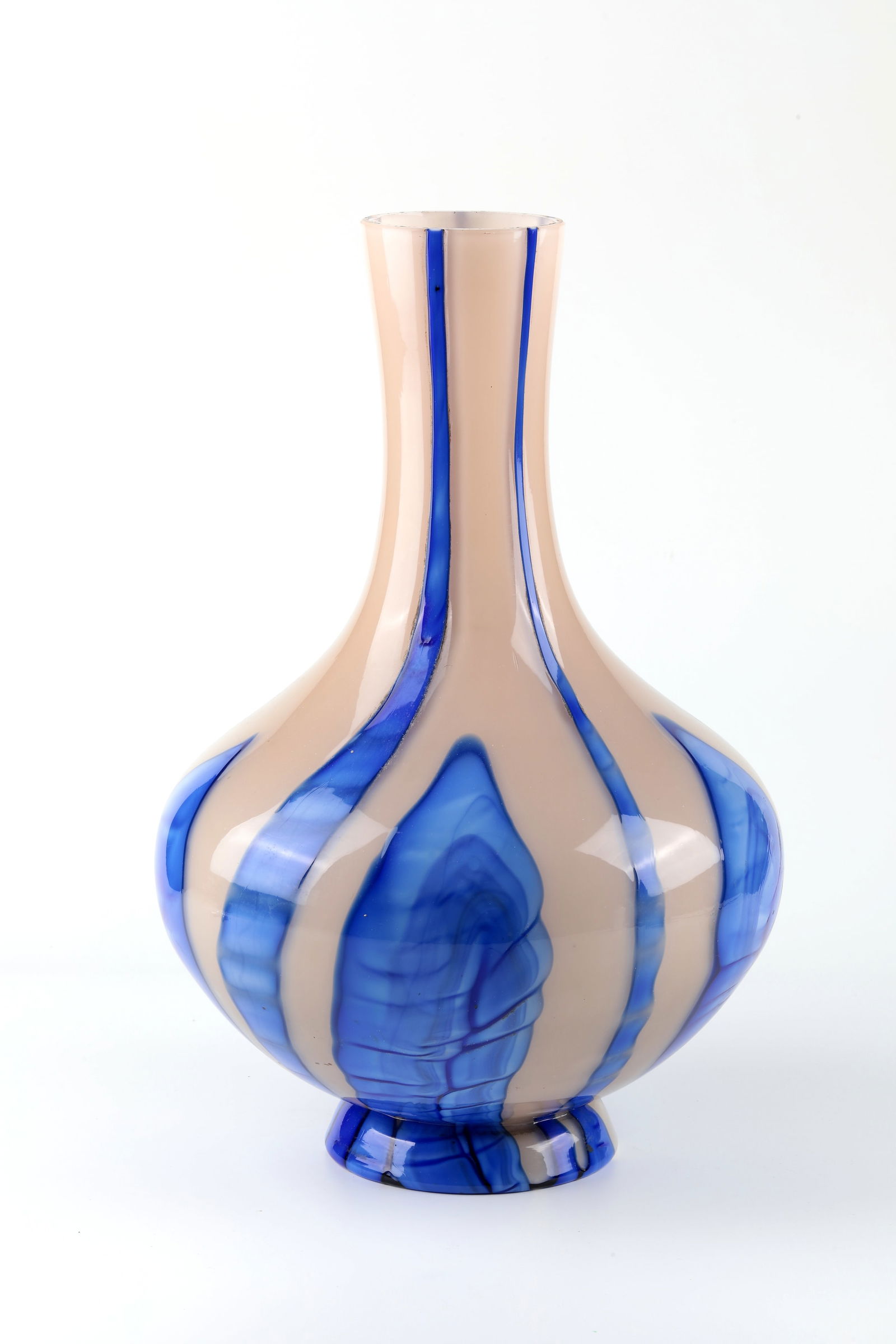Vase ''Bamboo'': Vase ''Bamboo'' Wilhelm Kralik Sohn, Eleonorenhain, c. 1925 Colourless glass, light brown-pink opal underlay. The outer wall with vertical thread-shaped and leaf-shaped ribbon melting in blue with