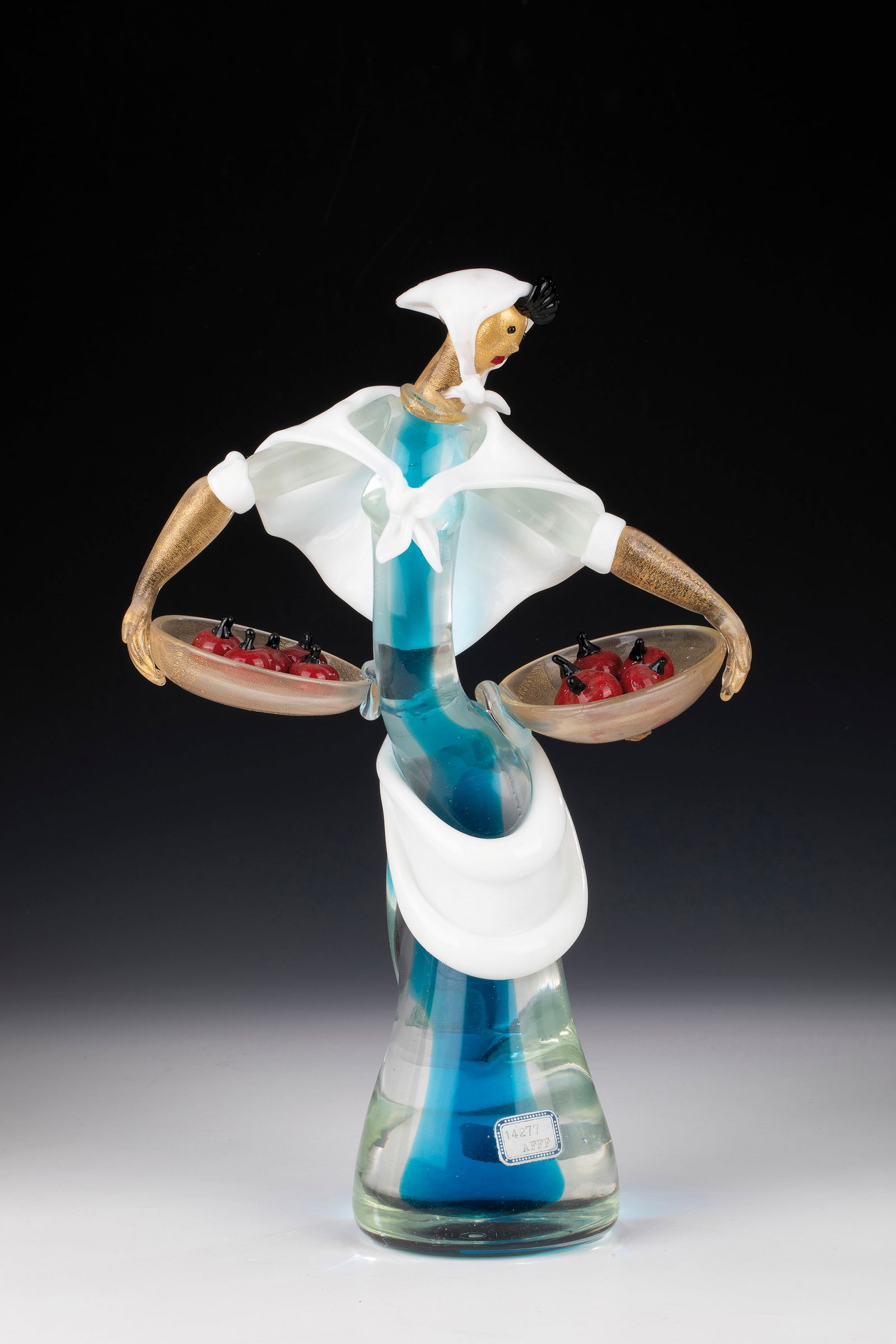 Figure: Figure Anzolo Fuga (design), Arte Vetreria Muranese (A.Ve.M.), Murano, 1956 Colourless, opaque white ('lattimo'), black and red glass with azure blue melting. Freely formed and fused together, partly